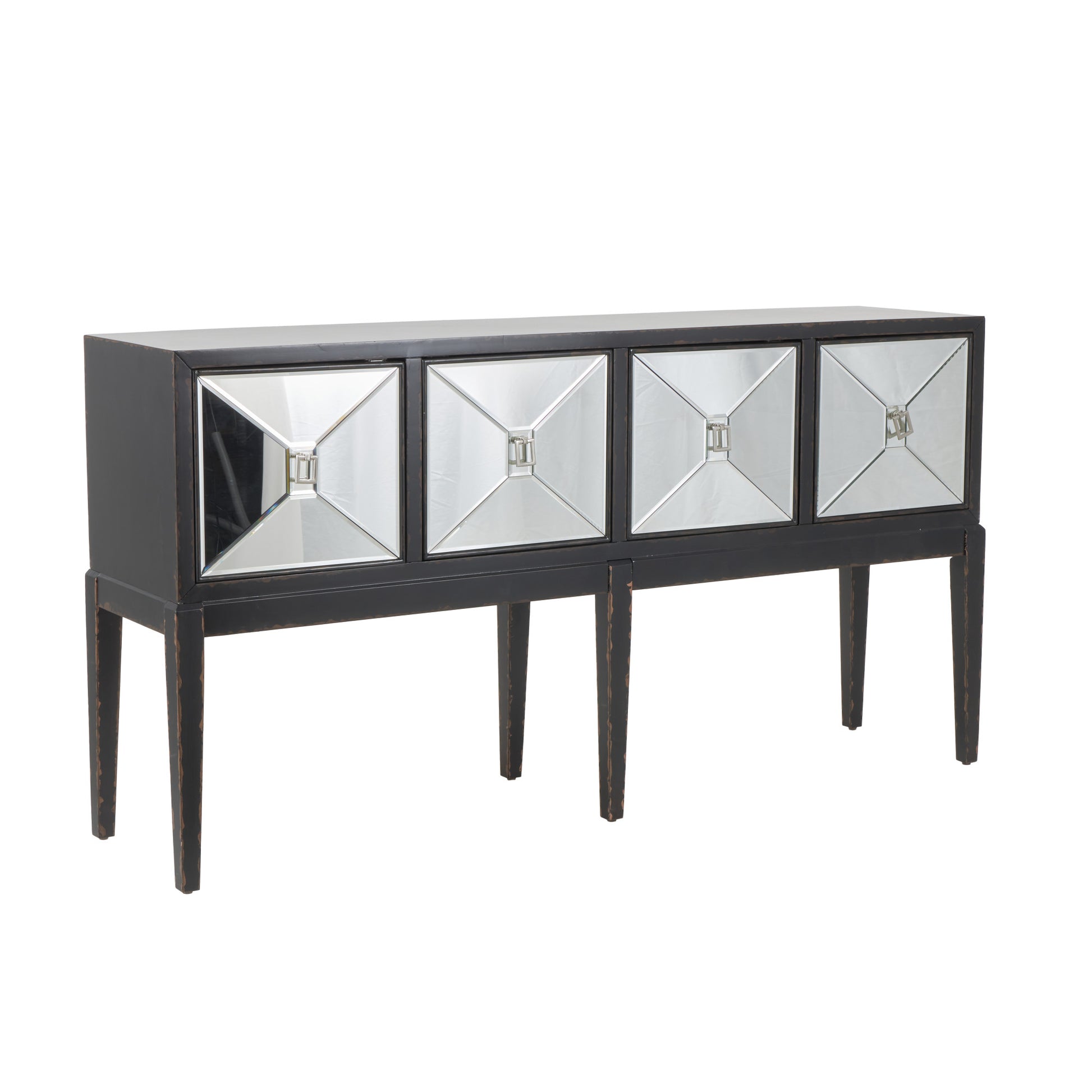 Geometric Black Wooden Distressed 4 Door Living Room Console Table with Square Mirrored Front Panels and Silver Rectangular Handles