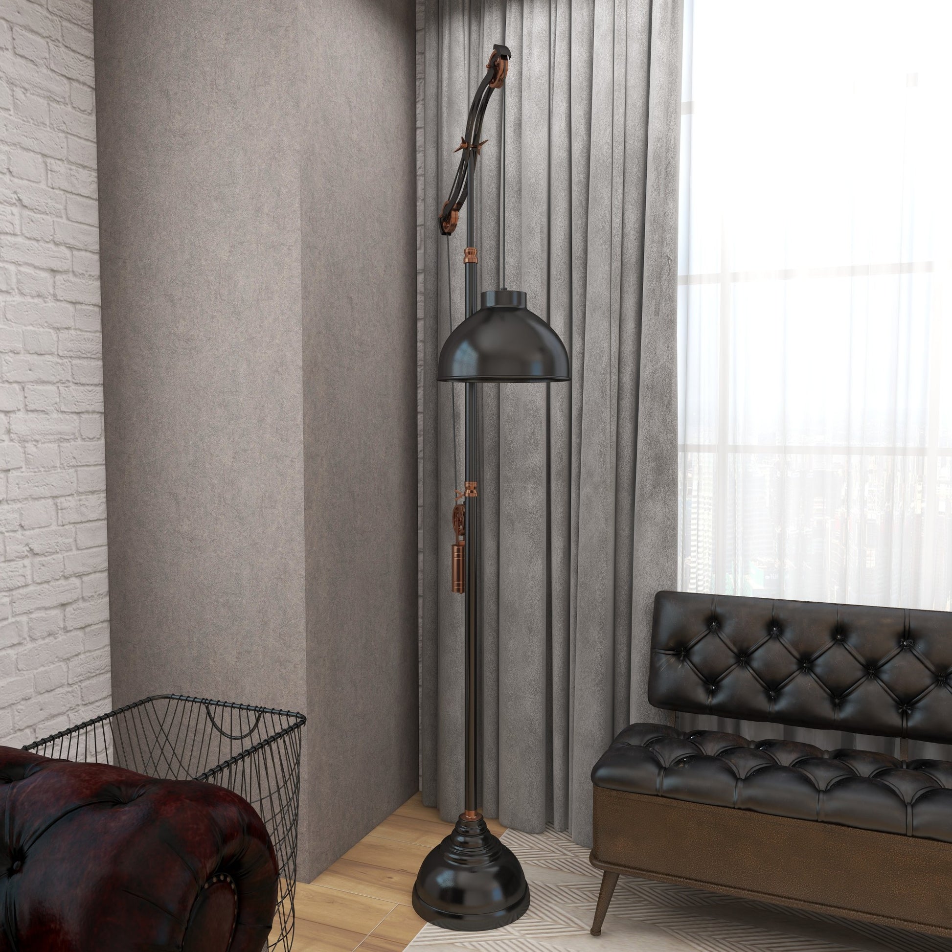 Black Aluminum Metal Pulley Room Floor Lamp with Copper Accents