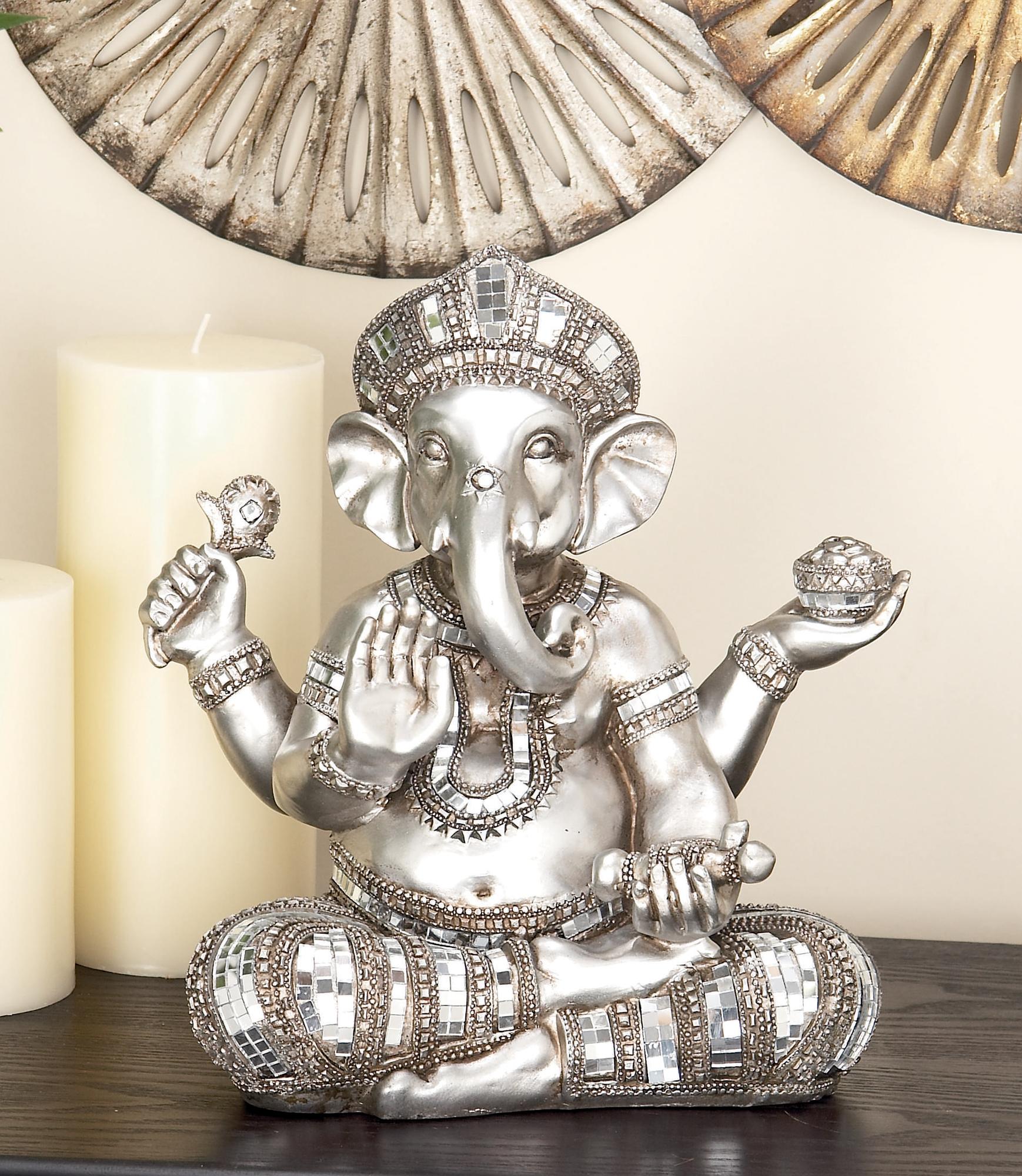 Ganesh Silver Polystone Meditating Decorative Sculpture with Engraved Carvings and Relief Detailing