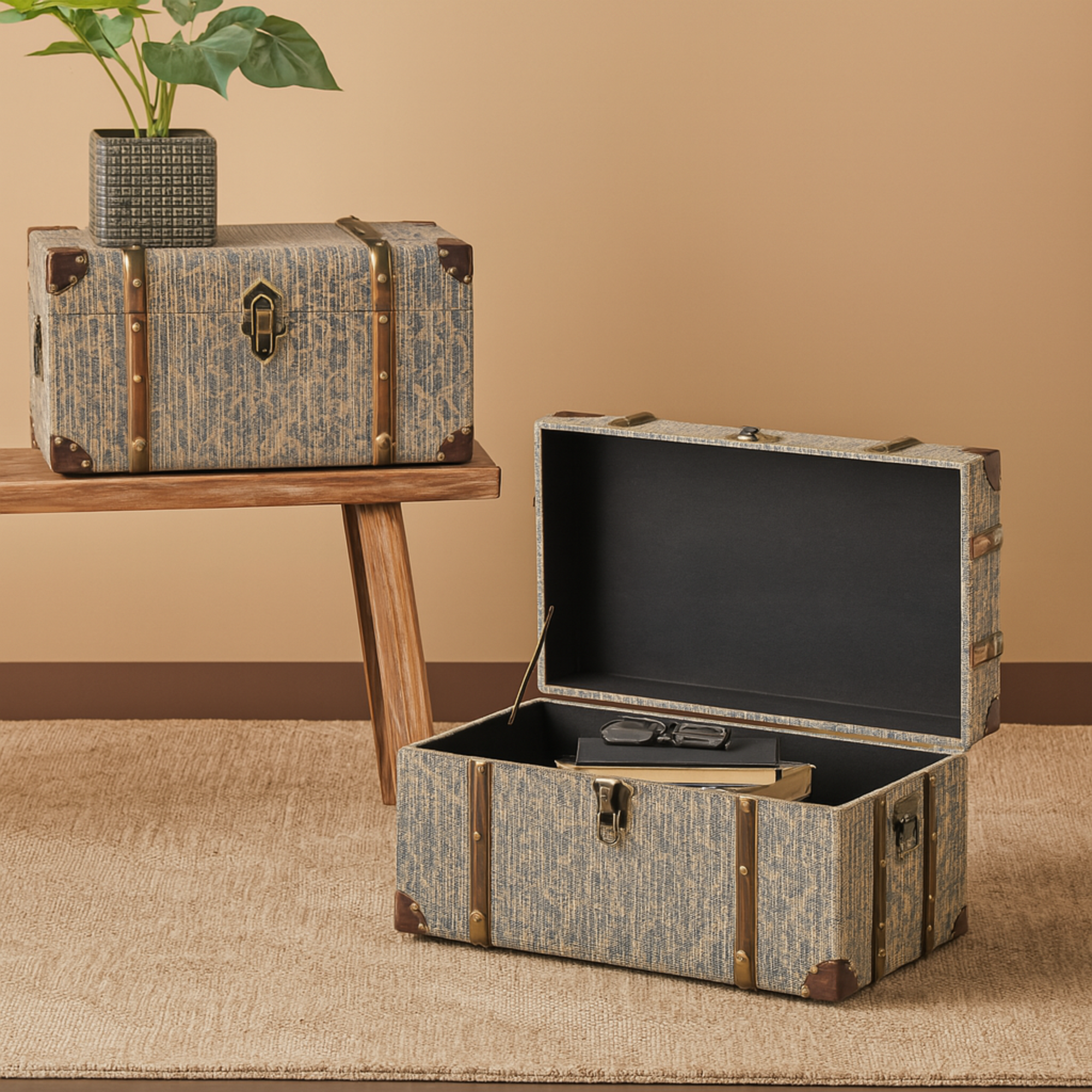 Set of 2 Floral Blue Wooden Vintage Storage Decorative Trunk with Leather and Wood Accents
