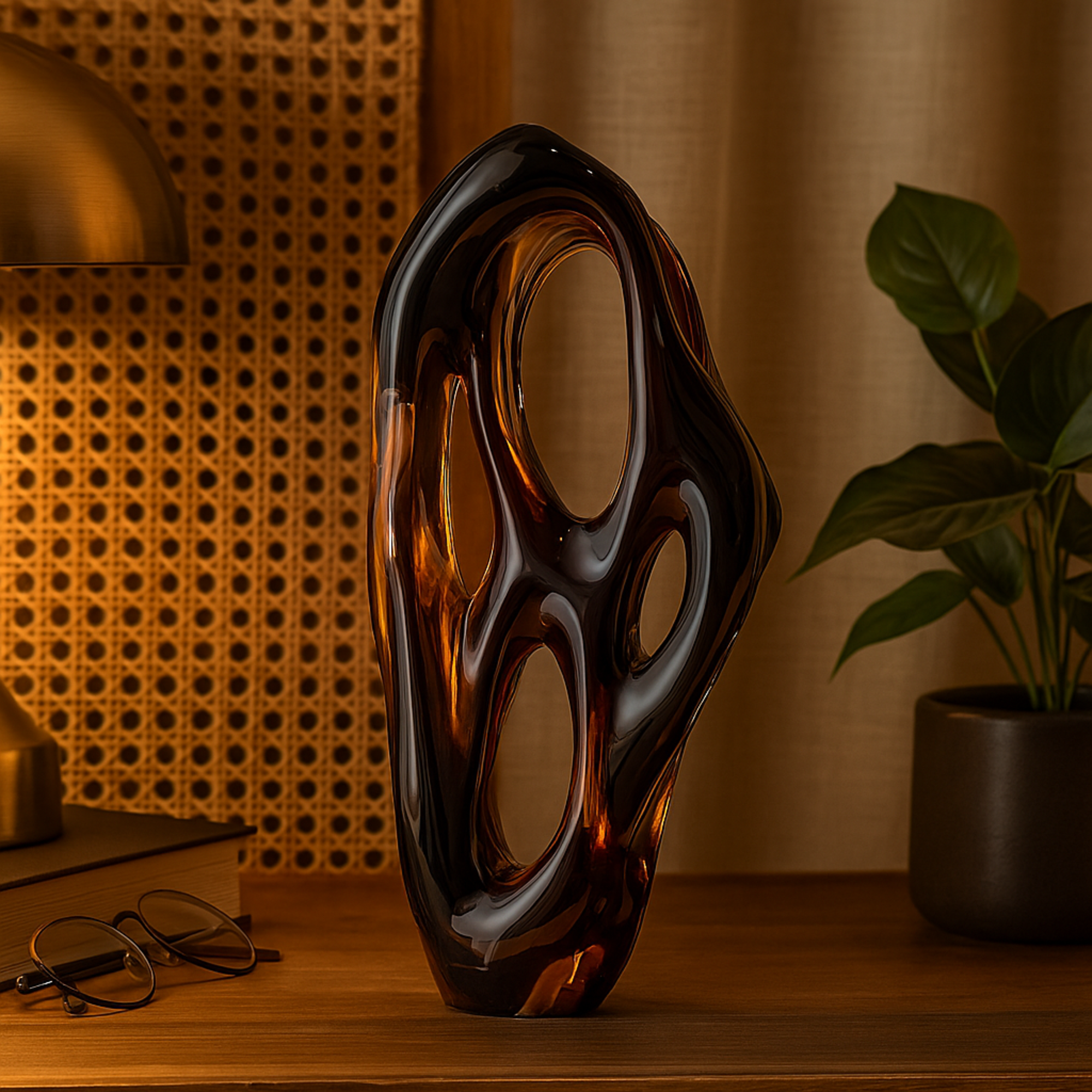 Abstract Black Glass Ombre Cutout Decorative Sculpture with Amber Accents
