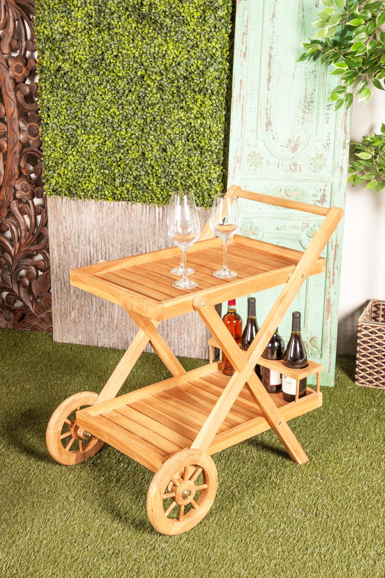 Brown Teak Wood Indoor Outdoor Rolling 2 Shelves Home Bar Cart with Wheels and Handle