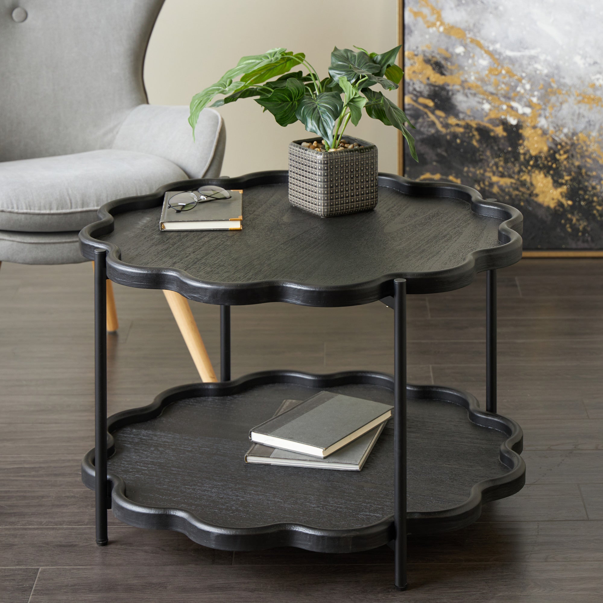 Black Wood Floral Inspired 2 Level Accent Table with Metal Legs