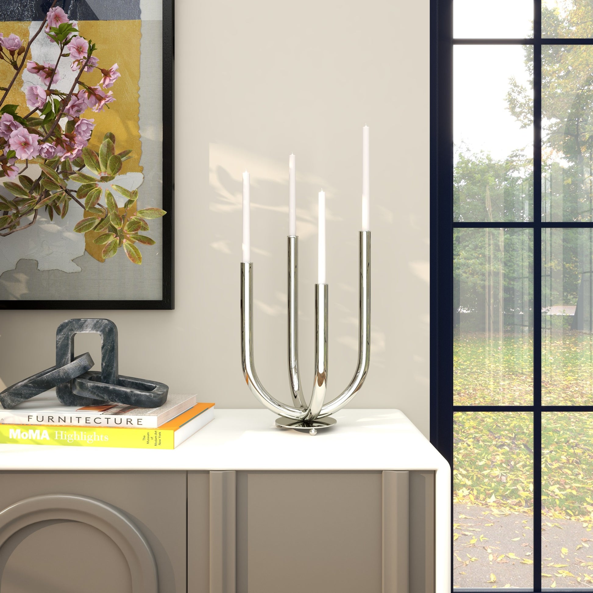 Silver Stainless Steel Metal Abstract U-Shaped Decorative Candelabra