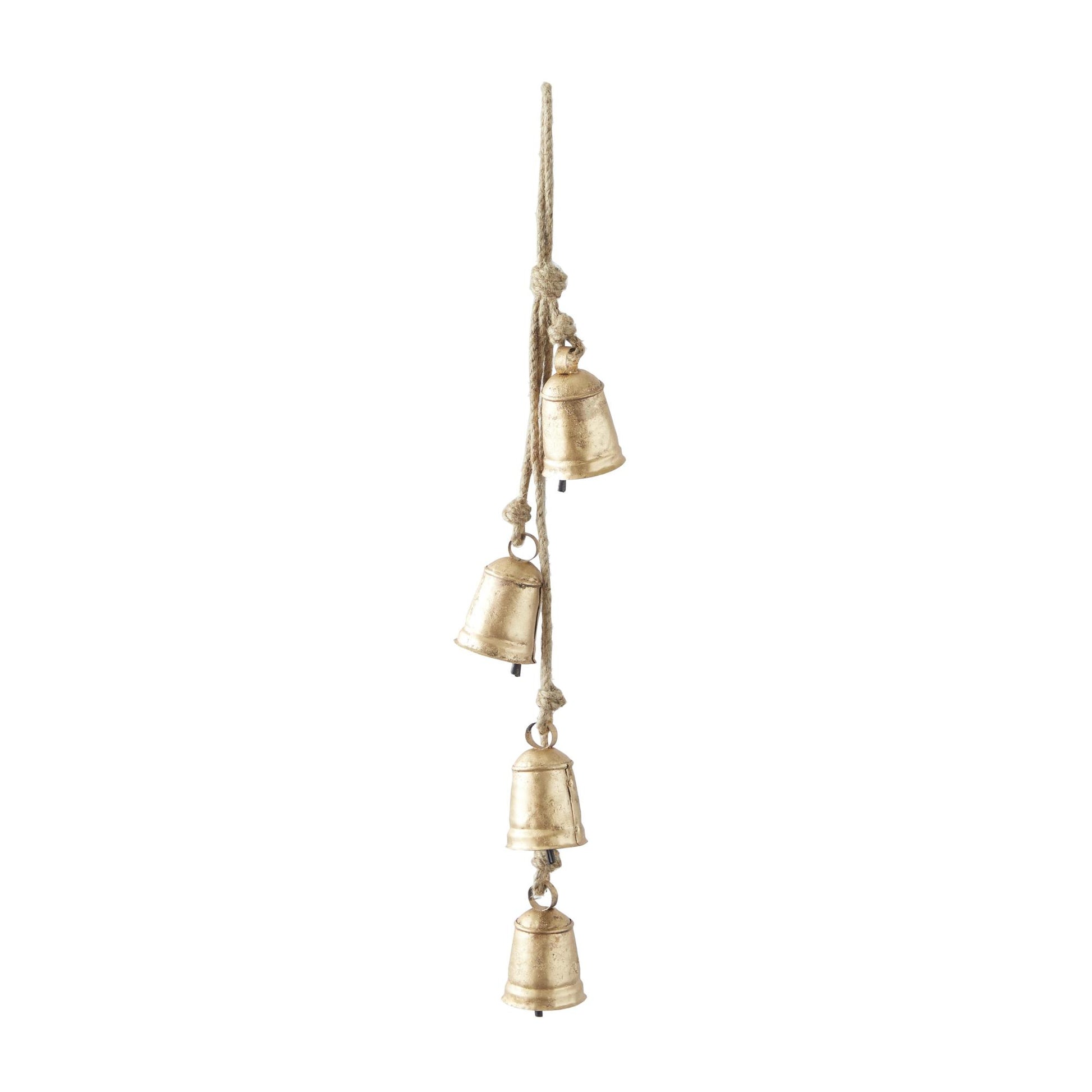 Metal Handmade Tibetan Inspired Indoor Outdoor Decorative Cow Bells with 4 Bells on Jute Hanging Rope