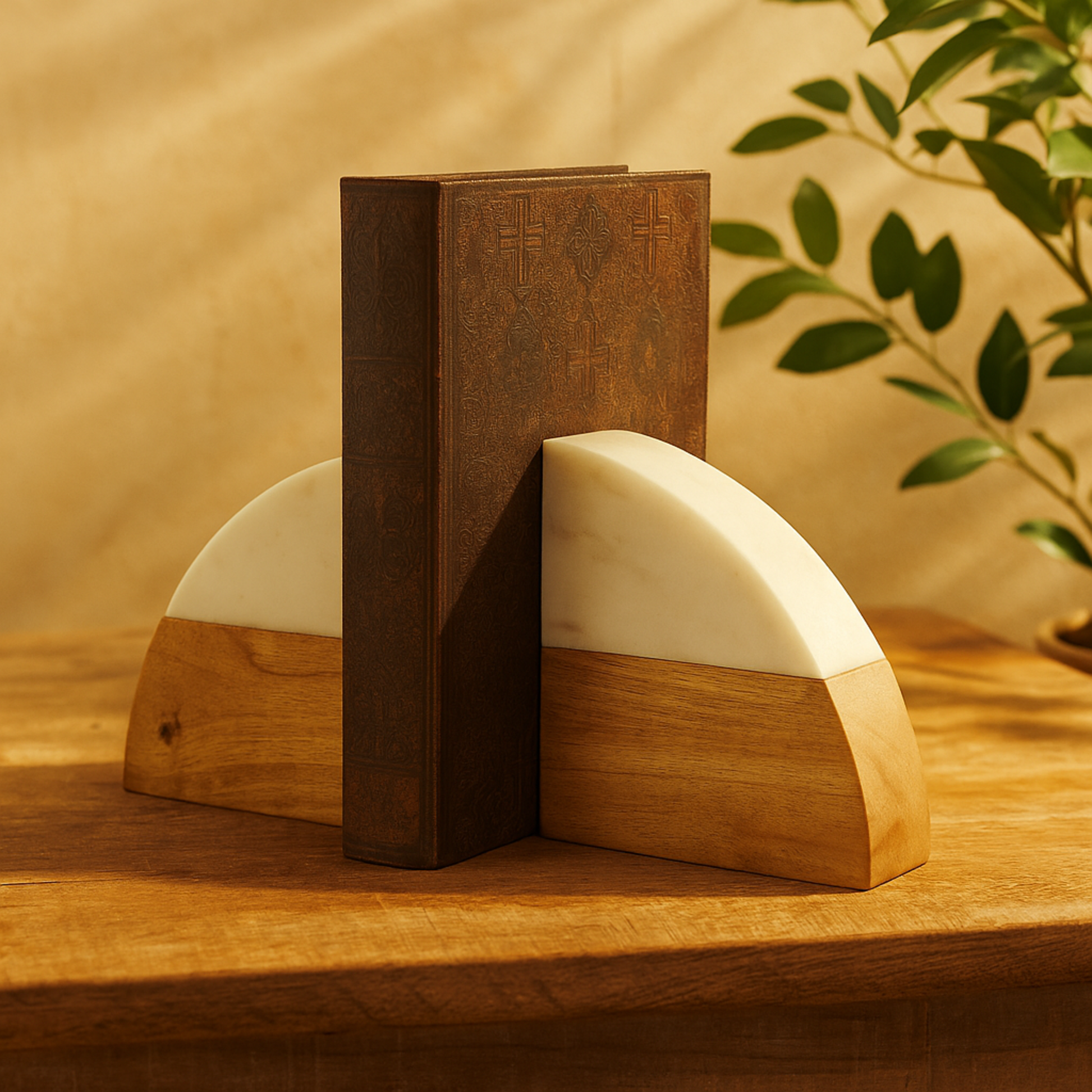 Set of 2 Geometric Brown Mango Wood Arched 5 lbs Decorative Bookends with White Marble Tops