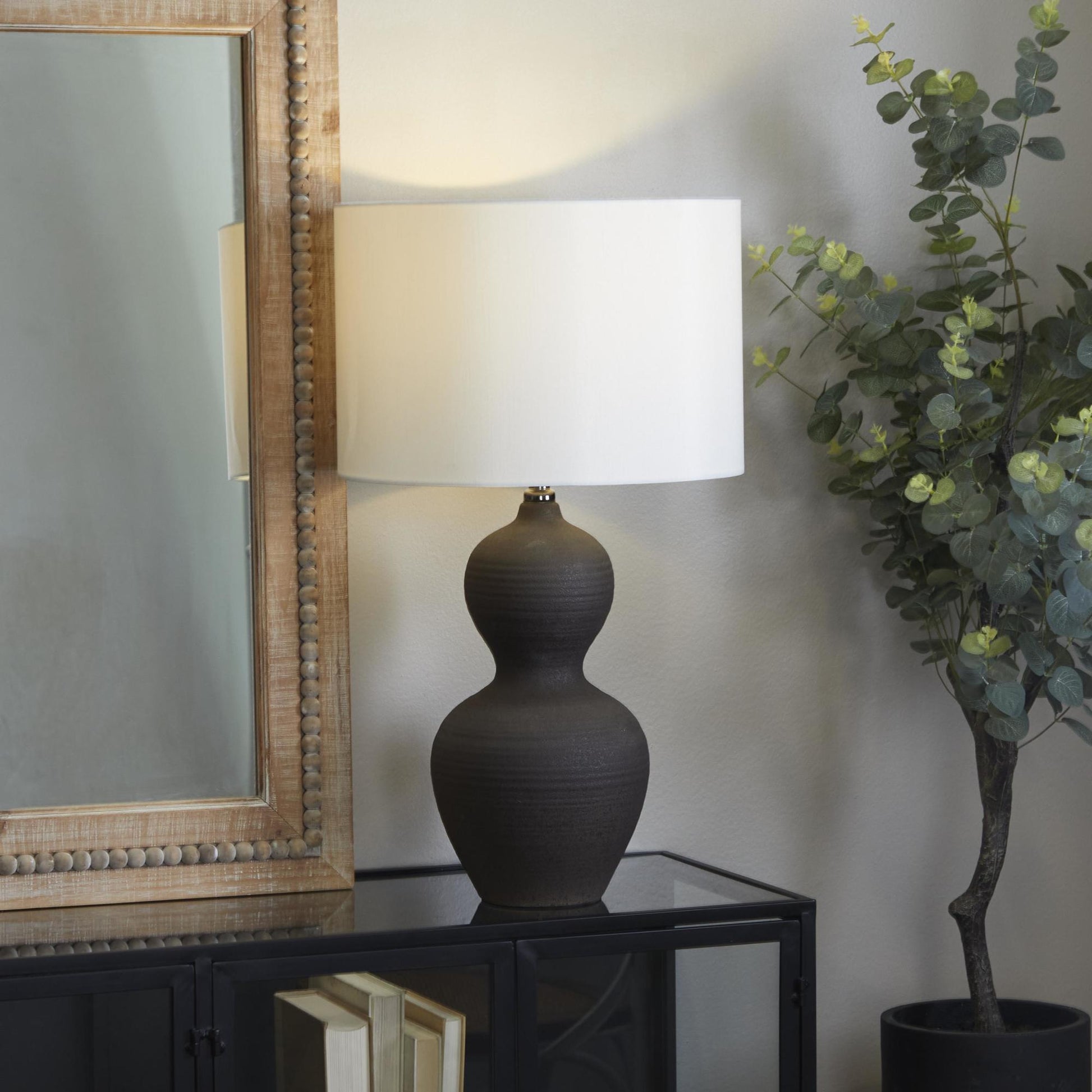 CosmoLiving by Cosmopolitan Black Ceramic Gourd Style Base Room Table Lamp with Drum Shade