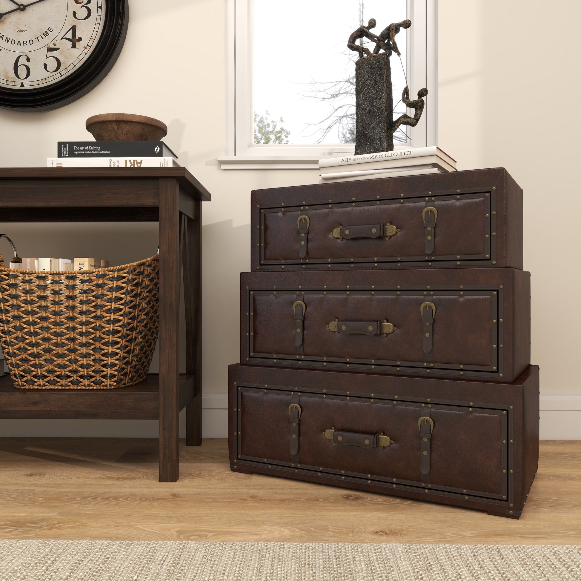 Brown Wood Vintage Faux Leather Room Chest with Buckles and Straps Detailing