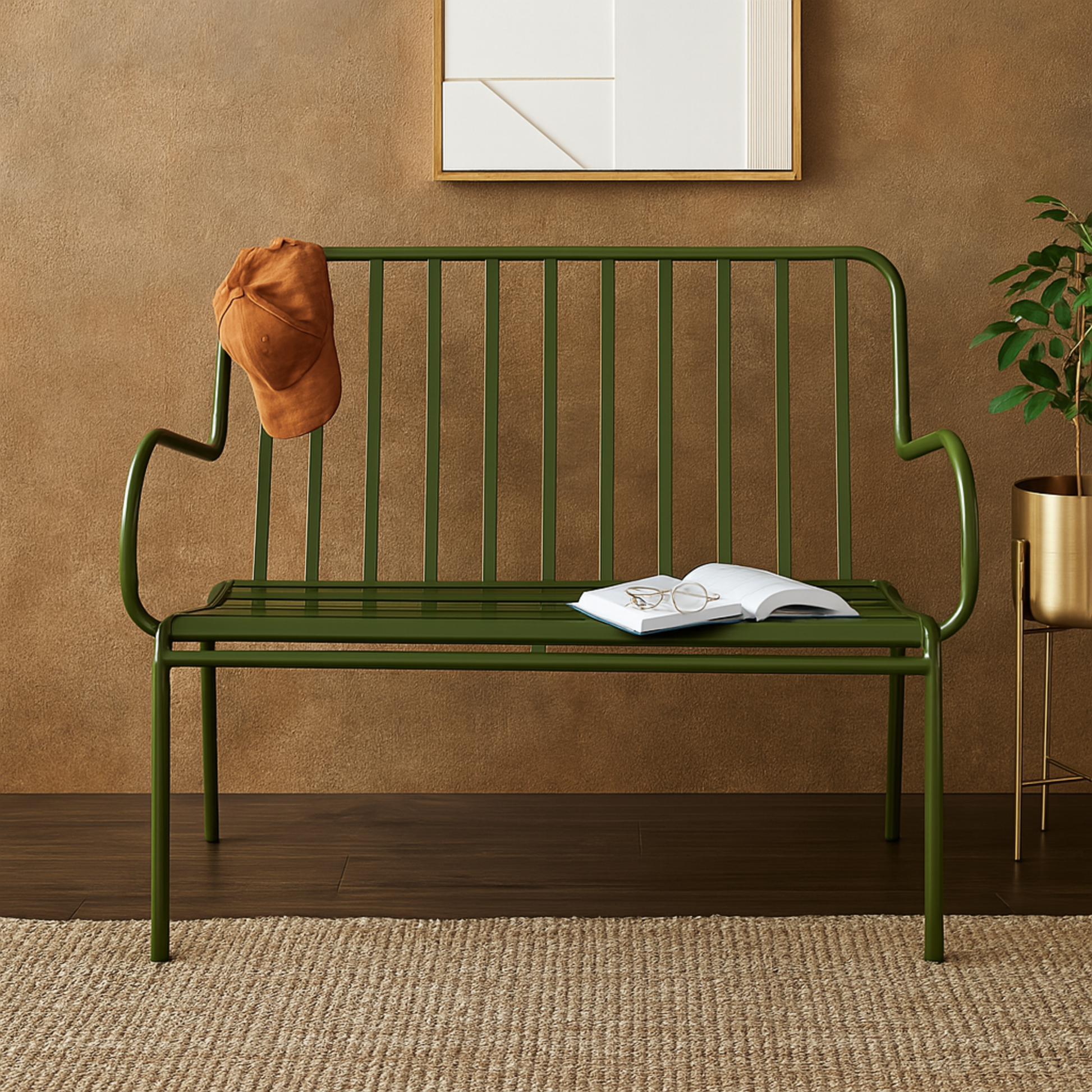 Green Metal Slatted Patio Outdoor Bench with Curved Armrests