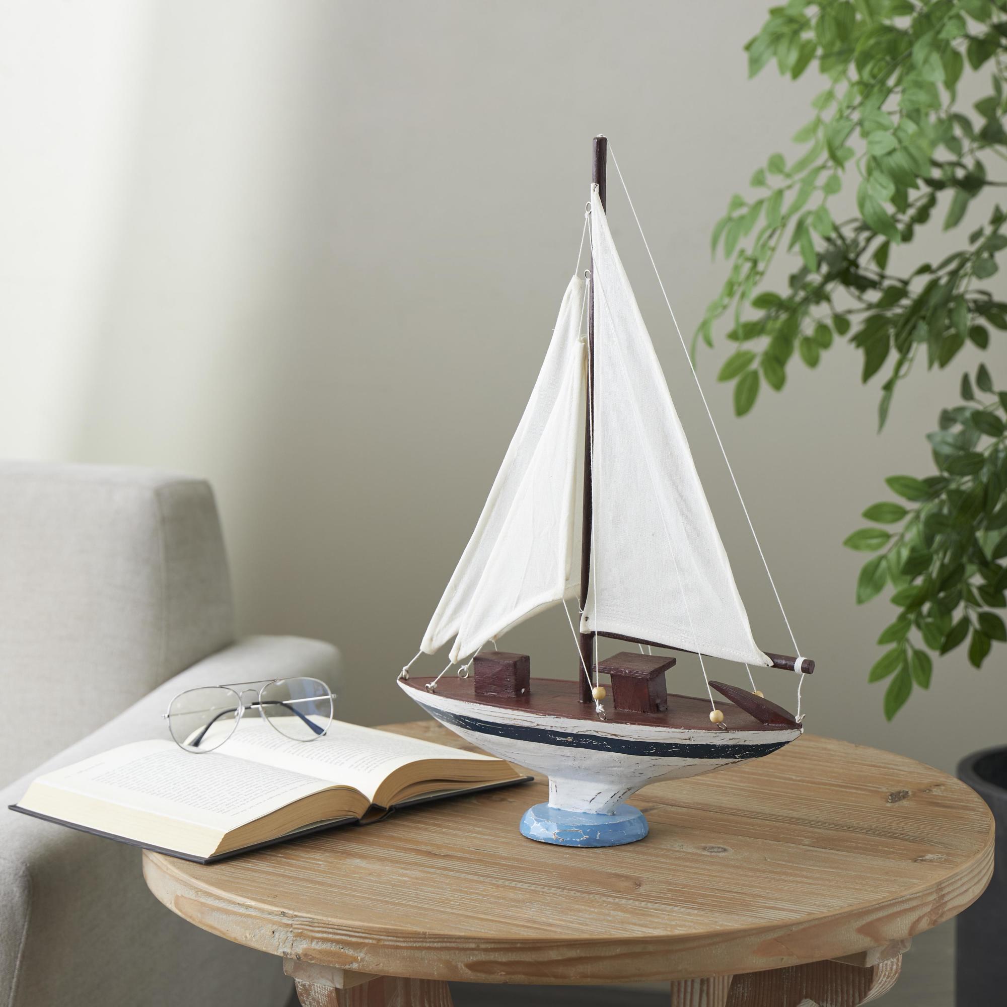 Sail Boat White Wood Distressed Decorative Sculpture with Brown Wood and Beaded Accents