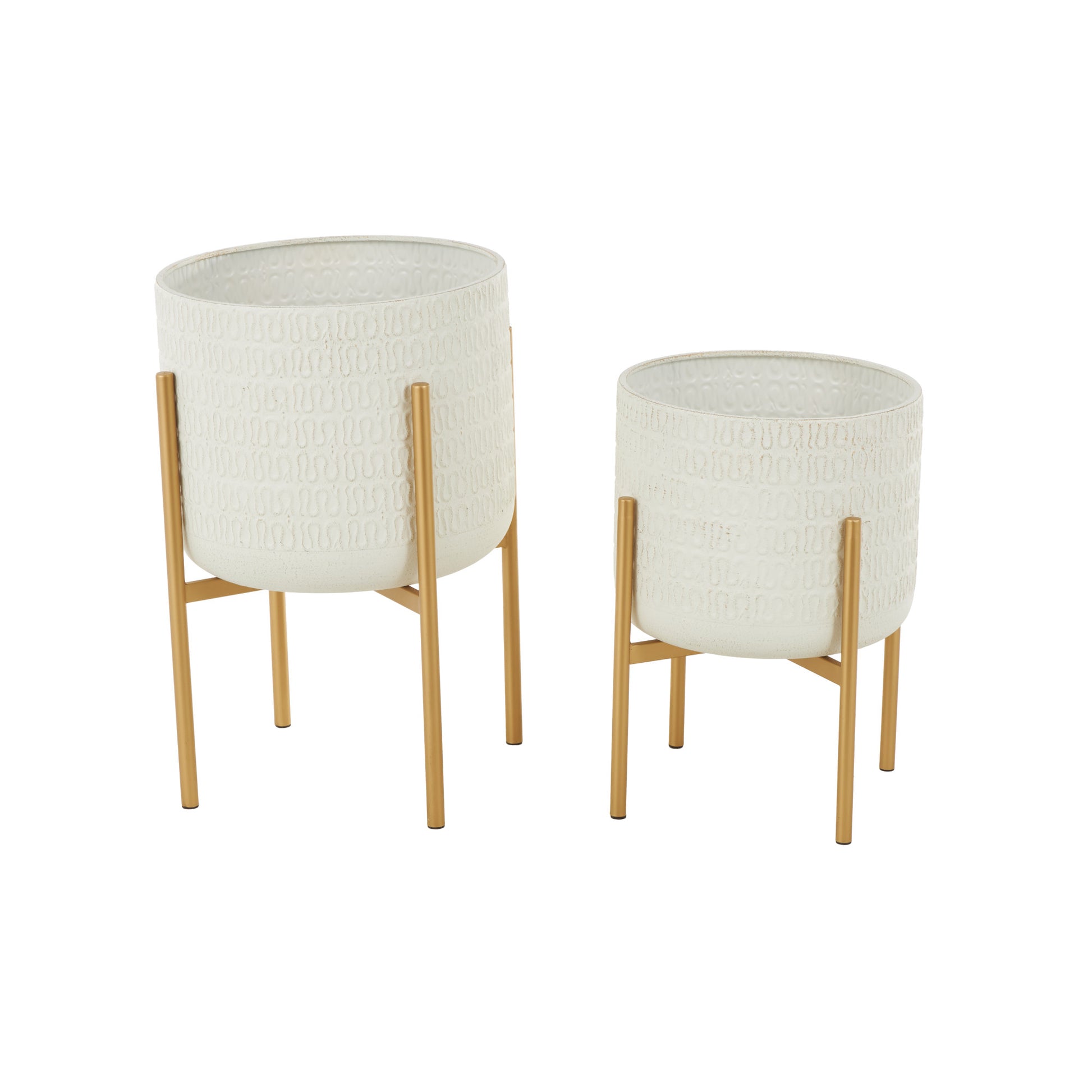 Set of 2 White Metal Dome Indoor Outdoor Planter with Gold Stand