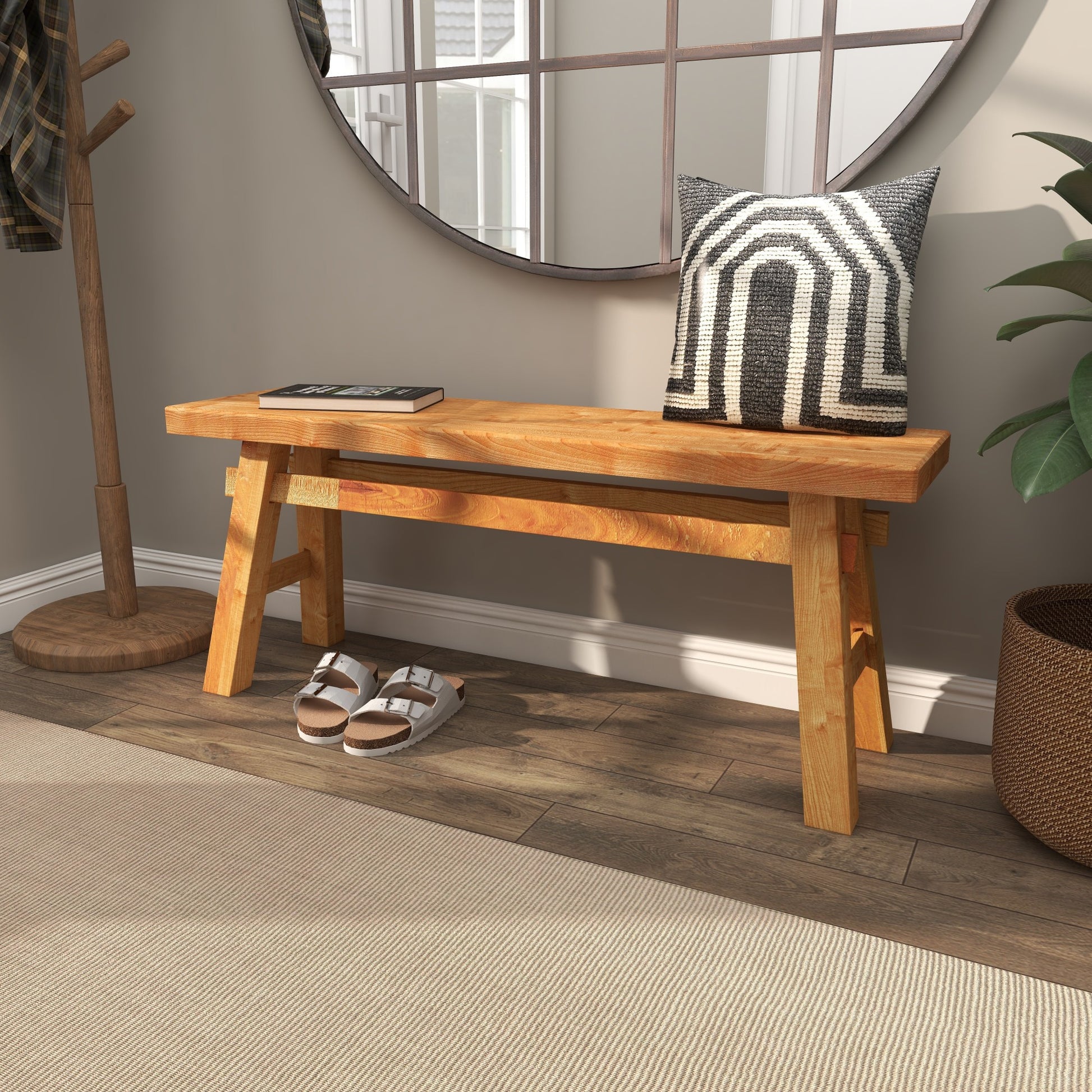 Brown Reclaimed Wood Handmade Home Bench with Natural Finish and High Trestle Legs