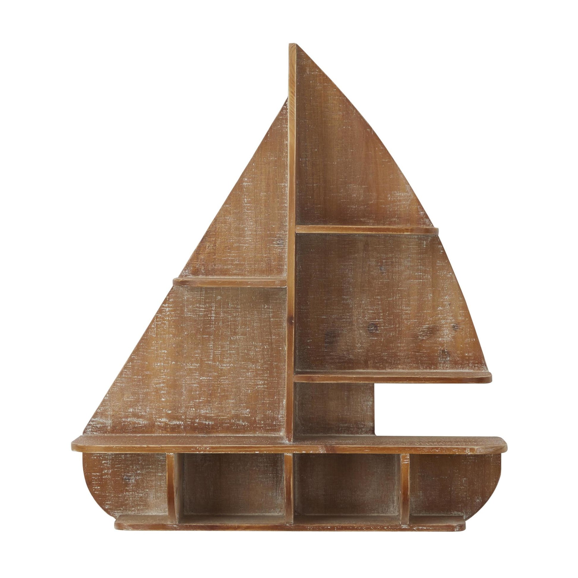 Sail Boat Brown Wood 8 Cubbies Room Wall Shelf
