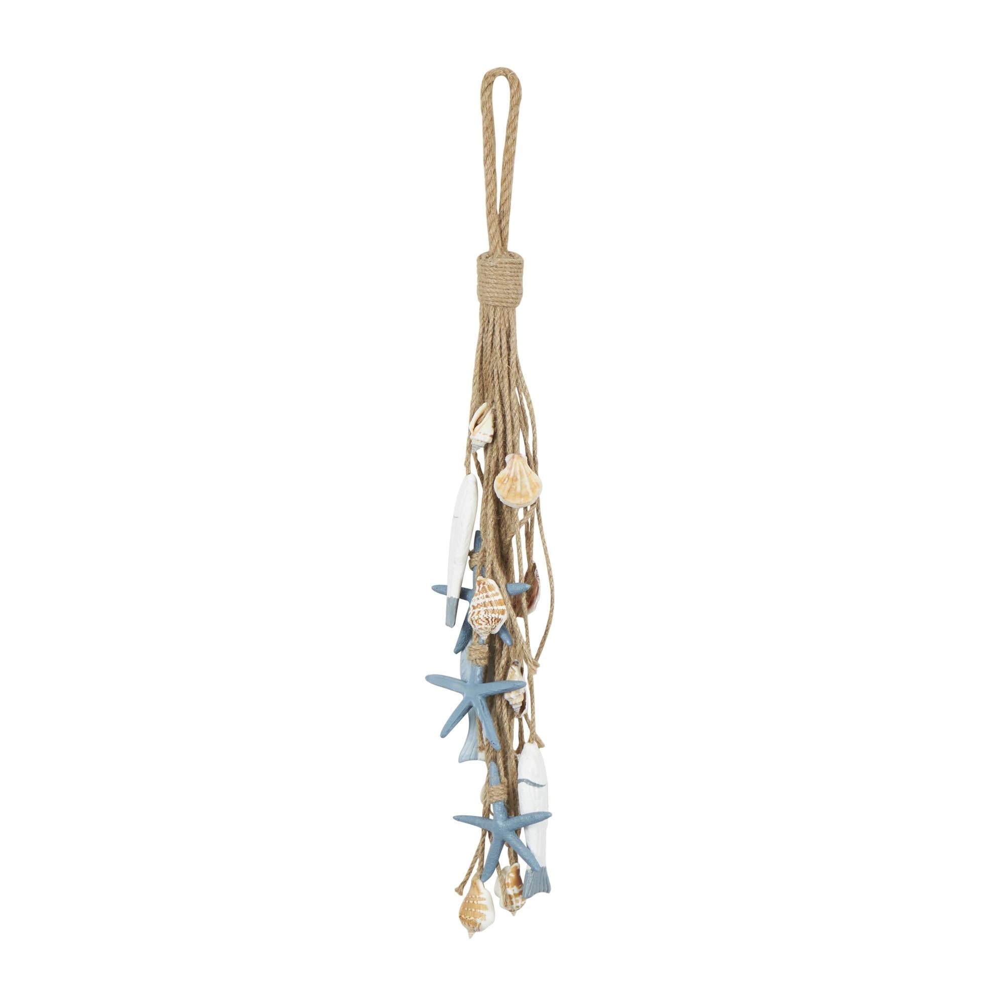 Fish Jute Rope Layered Hanging Home Wall Decor with Cream Shell and Starfish Accents 5" x 2" x 22"