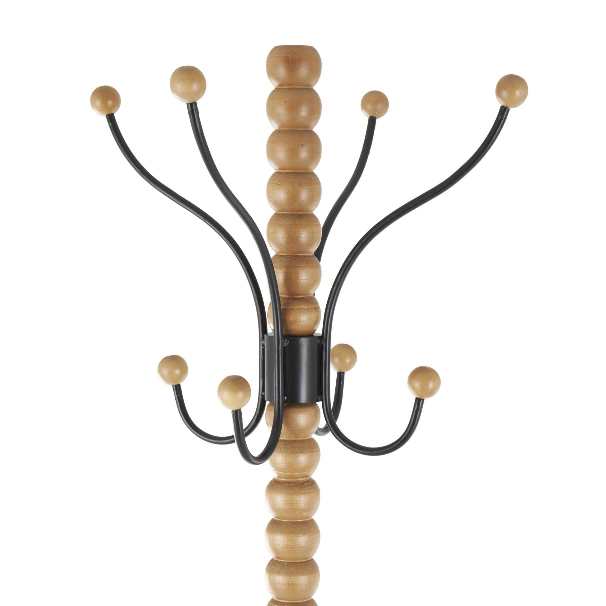 Brown Wood Spindle 8 Hook Freestanding Coat Rack with Black Metal Accents and Beaded Ends
