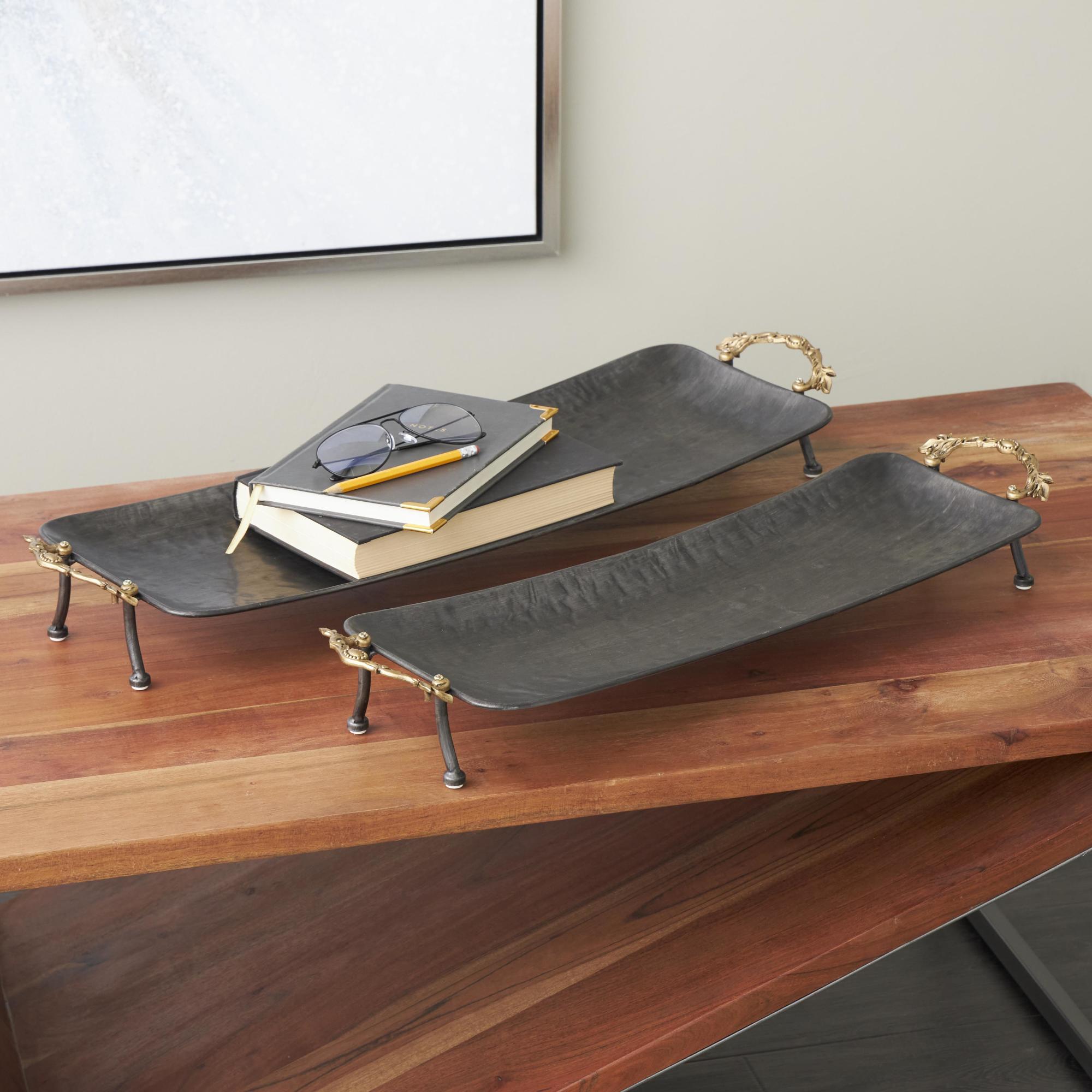Set of 2 Leaf Black Metal Textured Curved Living Room Decor Tray with Elevated Feet and Gold Scroll Vine Handles