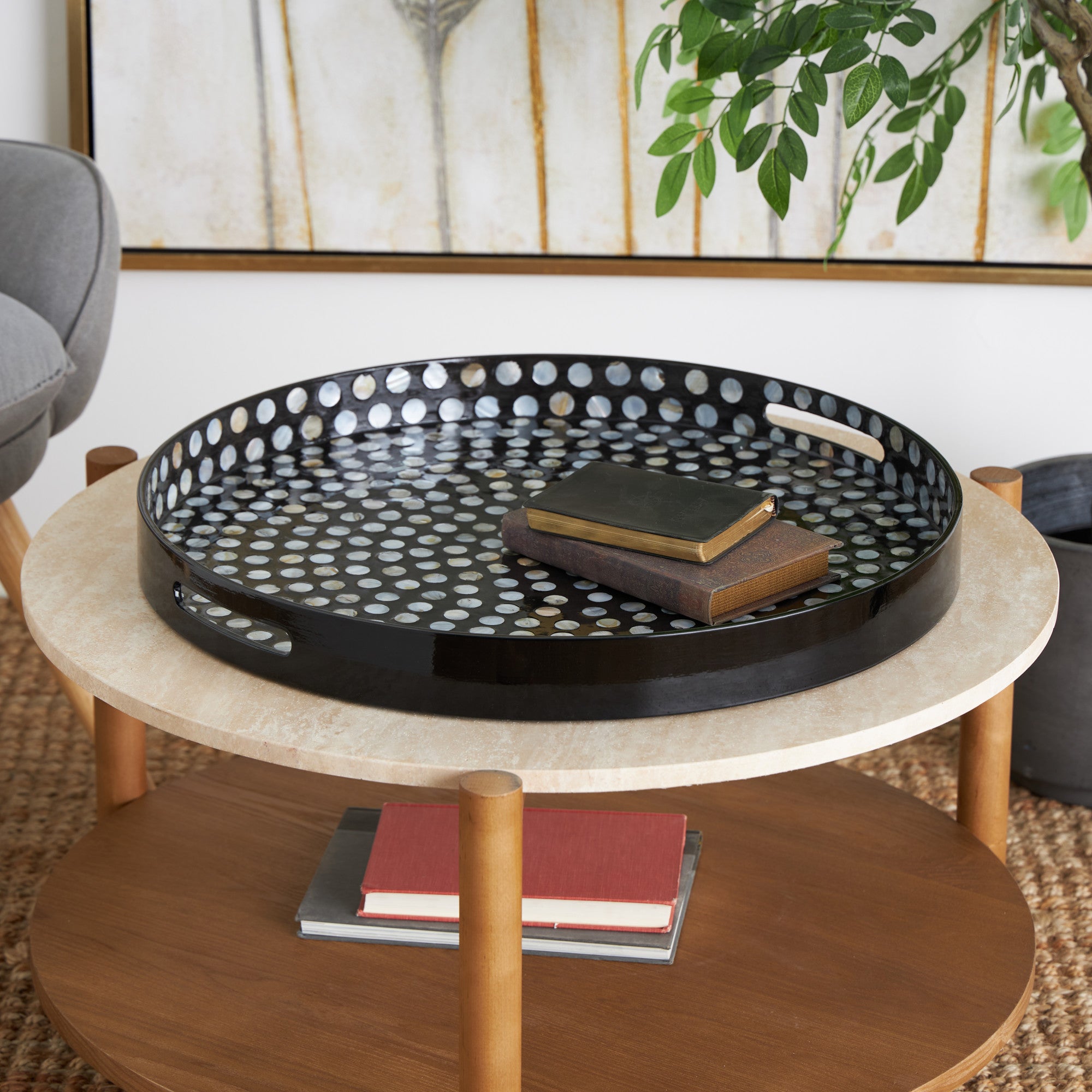 Nautical Black Mother of Pearl Shell Handmade Living Room Decor Tray with Slot Handles