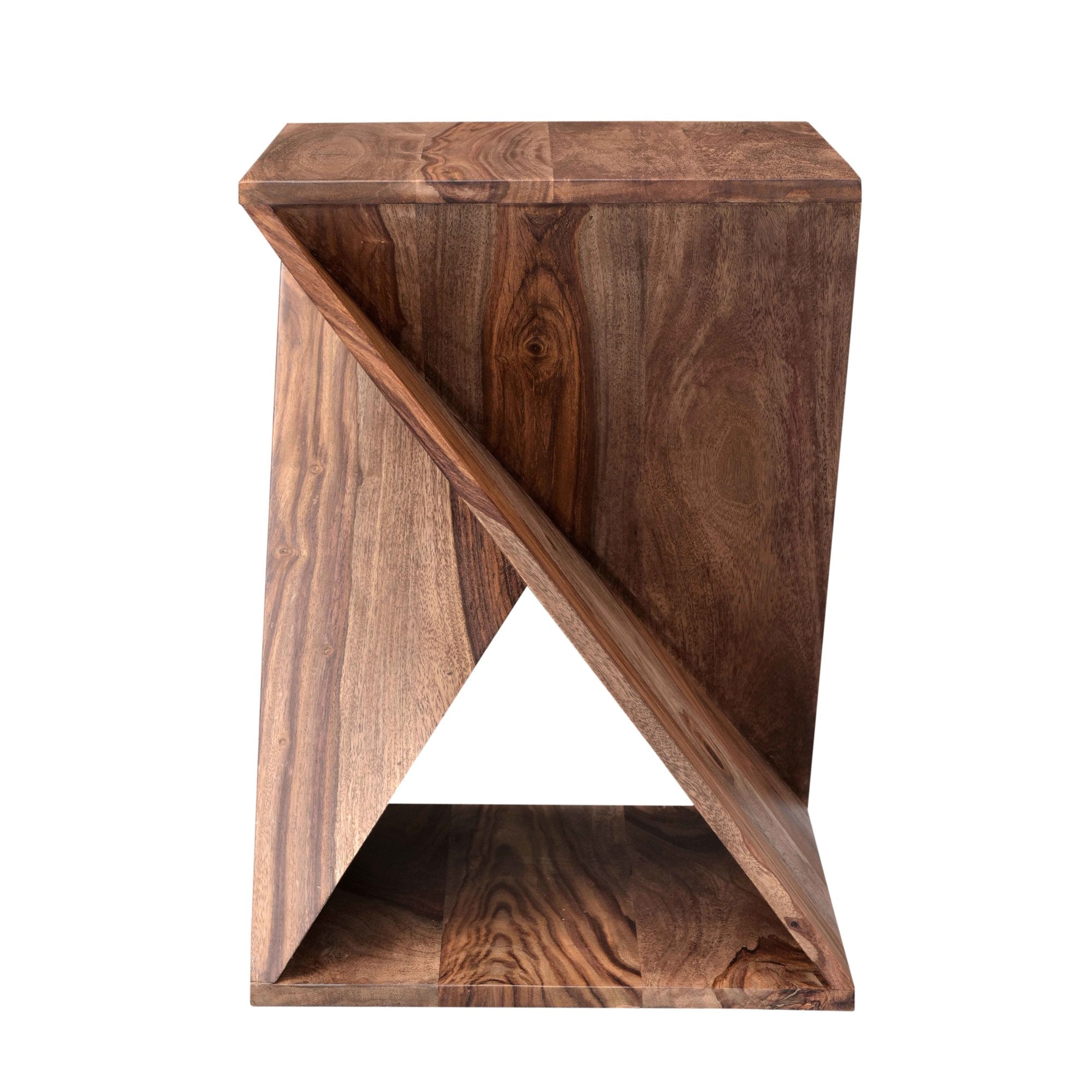 Geometric Brown Sheesham Wood Cutout Angular Twisted Side End Accent Table with Natural Wood Grains