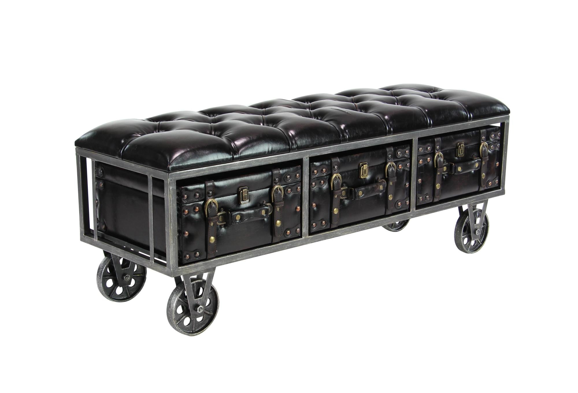Black Faux Leather Tufted Upholstered 3 Trunk Room Storage Bench with Wheels
