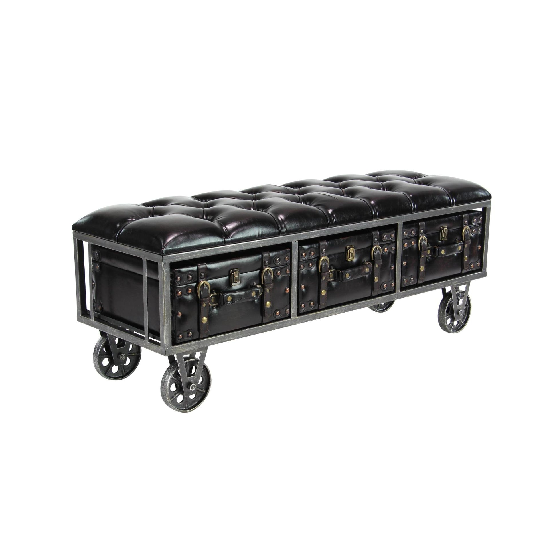 Black Faux Leather Tufted Upholstered 3 Trunk Room Storage Bench with Wheels