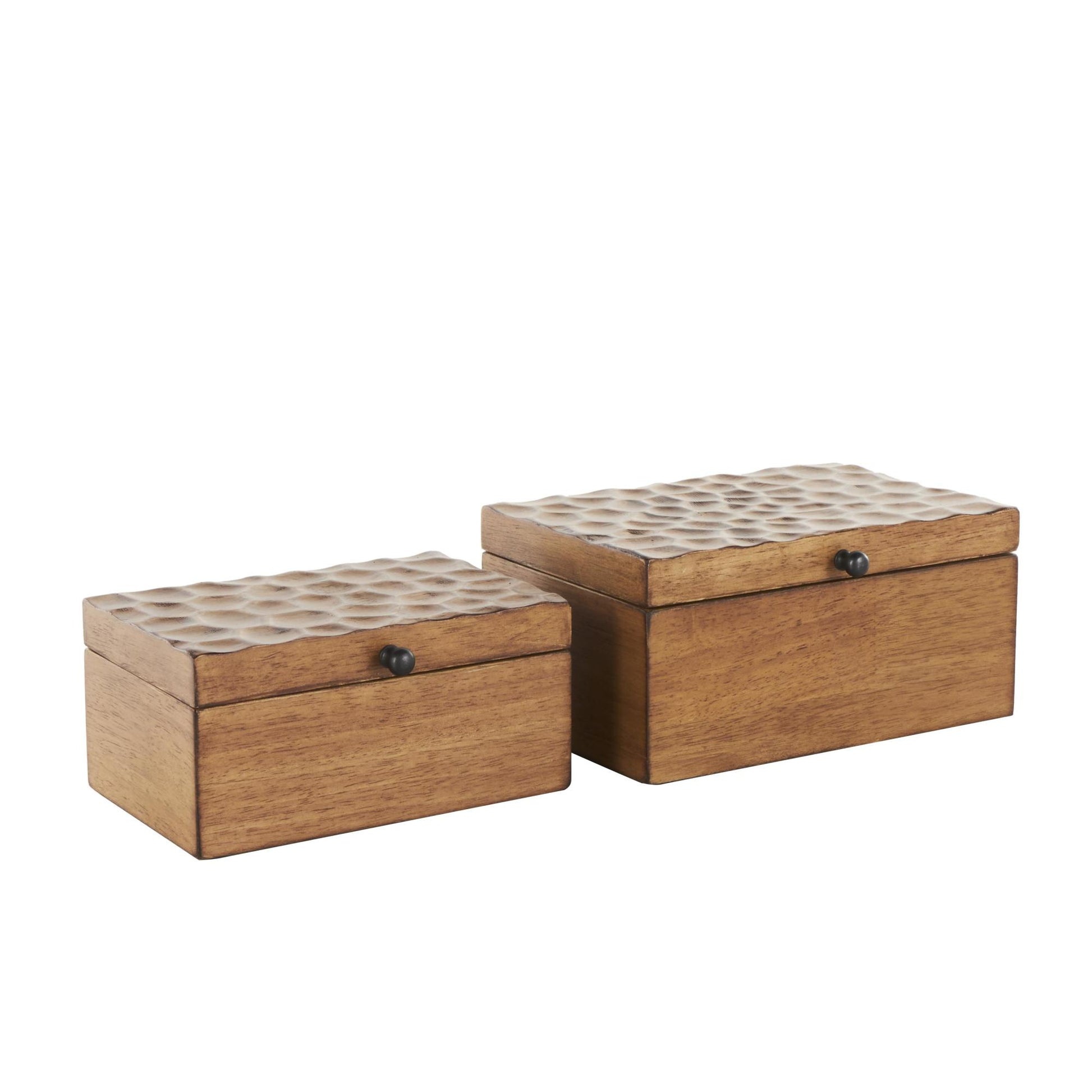 Set of 2 Geometric Brown Wood Textured Concave Honeycomb Storage Decorative Box with Black Knobs