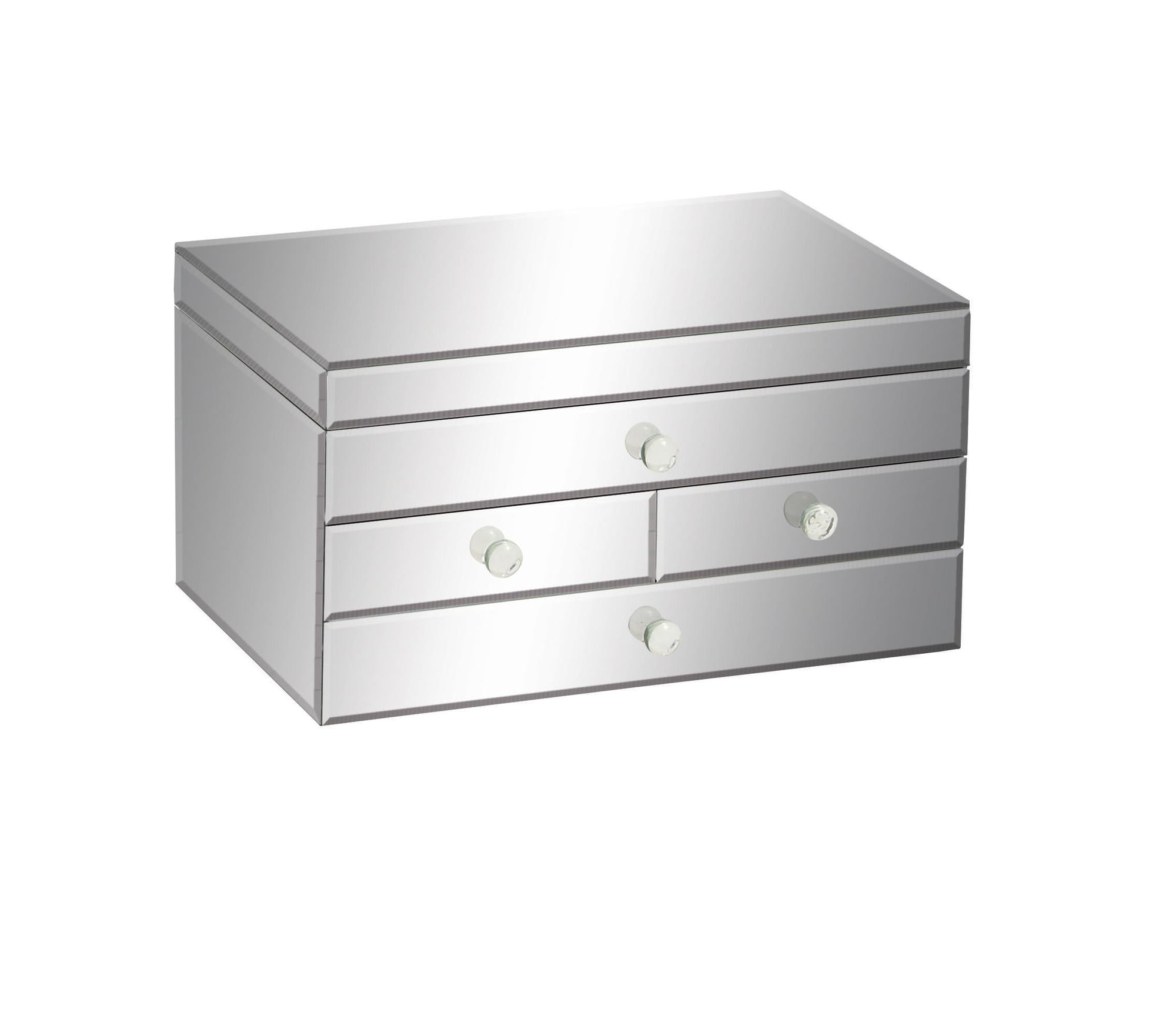 Silver Glass Mirrored 4 Drawer Decorative Jewelry Box with Flip Top Storage
