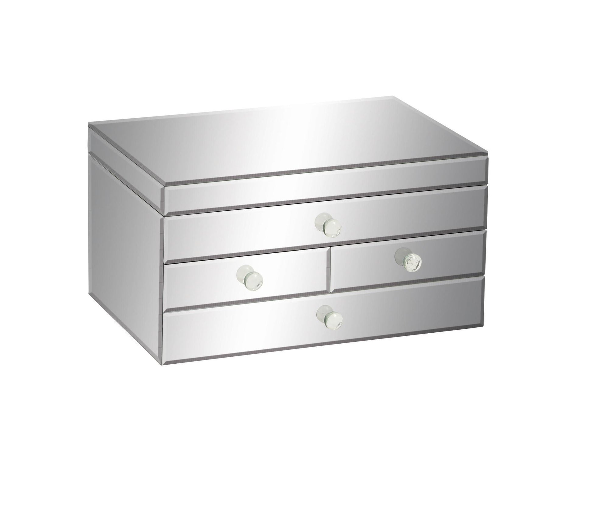 Silver Glass Mirrored 4 Drawer Decorative Jewelry Box with Flip Top Storage
