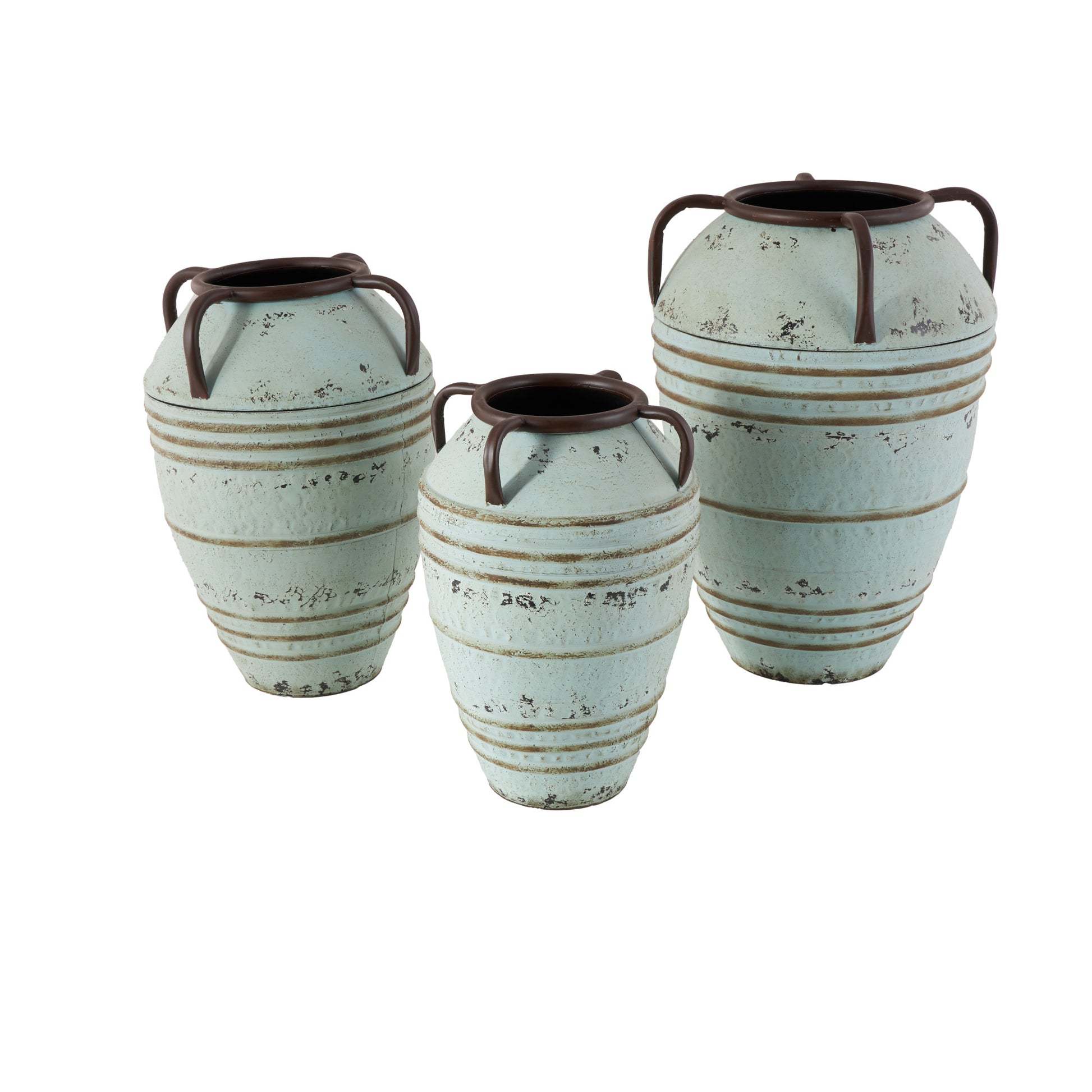 Set of 3 Blue Metal Distressed Decorative Vase with Handles