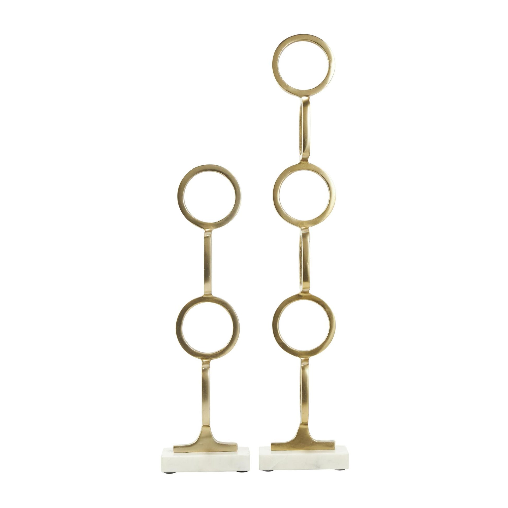 Set of 2 Abstract Aluminum Metal Stacked Geometric Rings Decorative Sculpture with Marble Bases