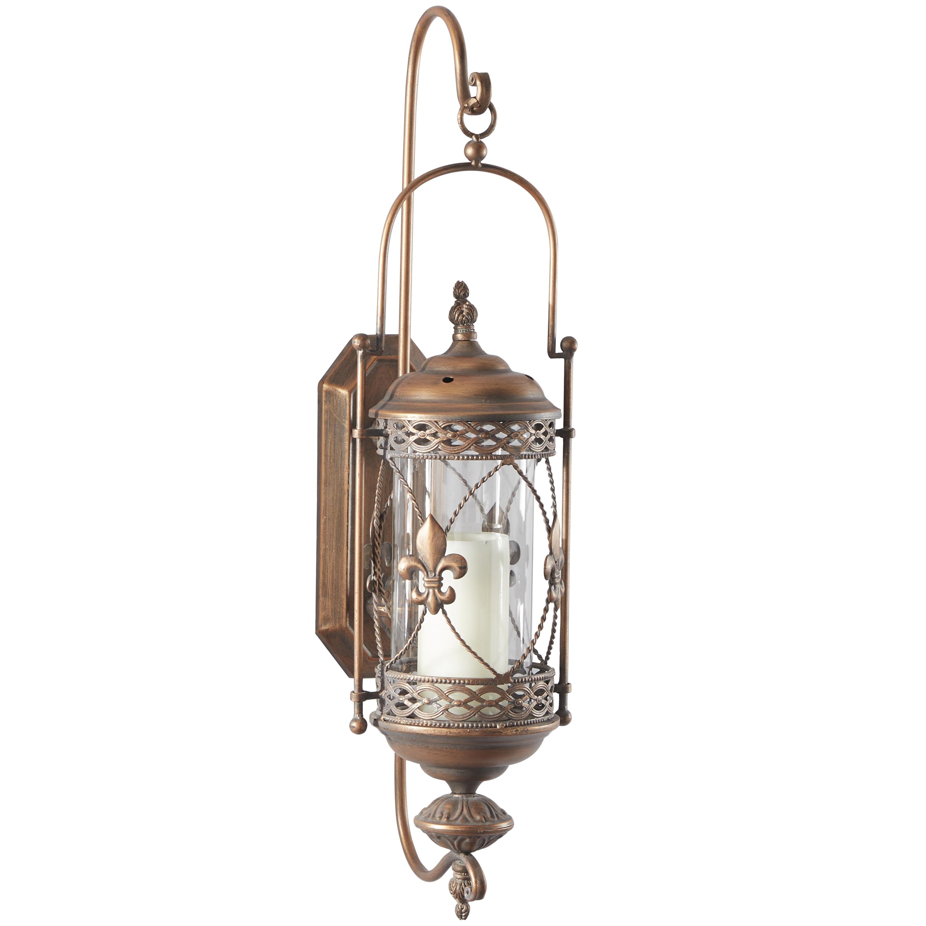 Fleur De Lis Metal Suspended Studded Single Candle Indoor Outdoor Wall Sconce with Scroll Details