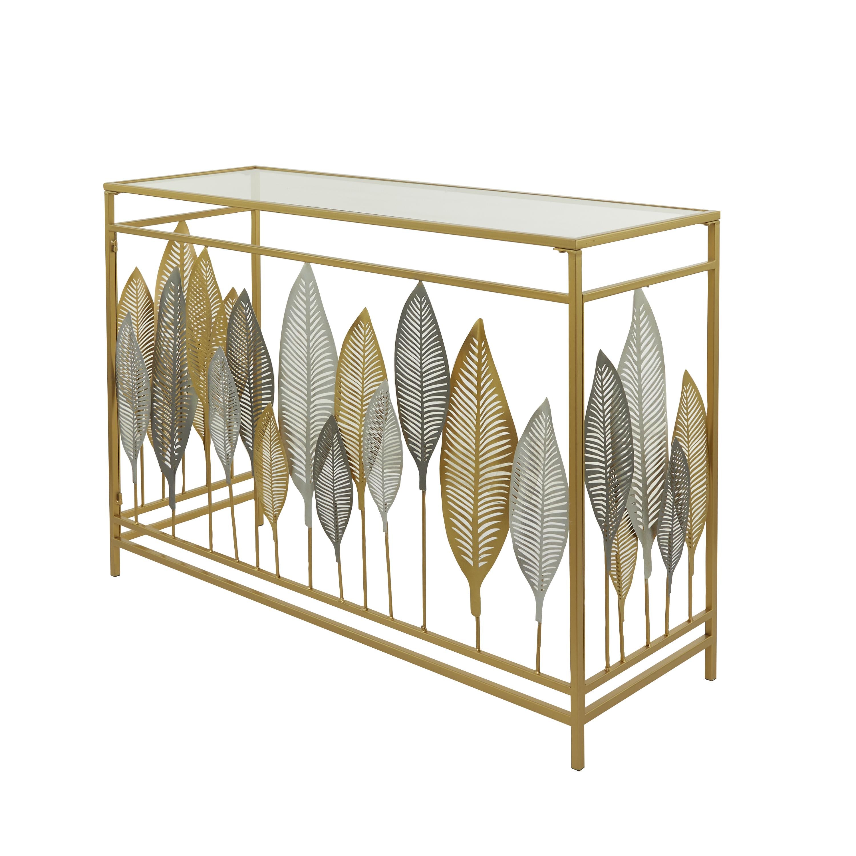 Leaf Metal Rectangular Living Room Console Table with Mirrored Glass Top and Gold Accents