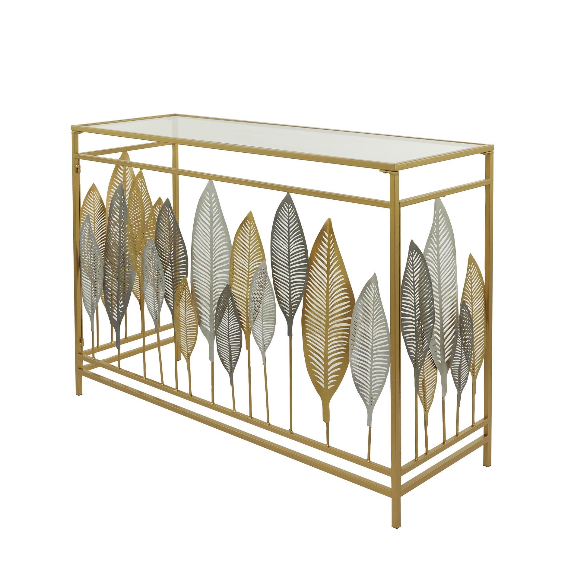Leaf Metal Rectangular Living Room Console Table with Mirrored Glass Top and Gold Accents