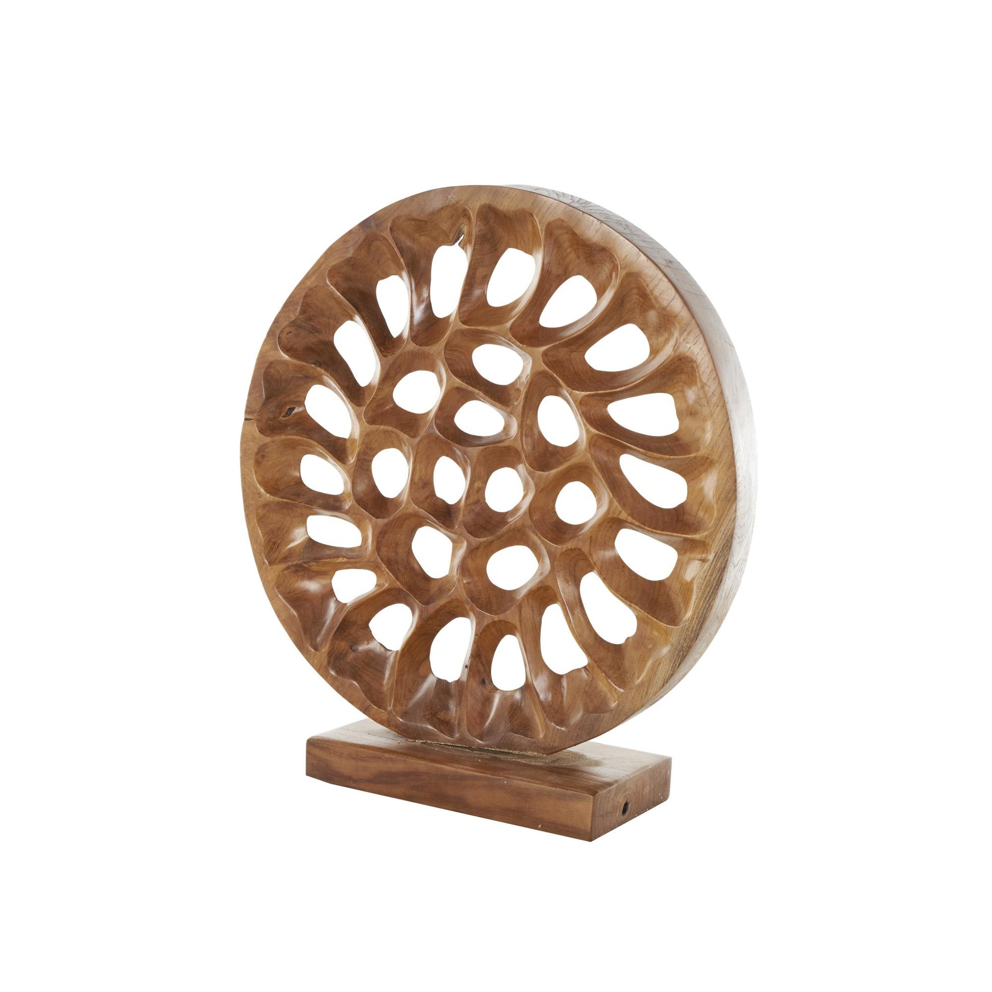 Abstract Brown Teak Wood Handmade Circular Cutout Decorative Sculpture