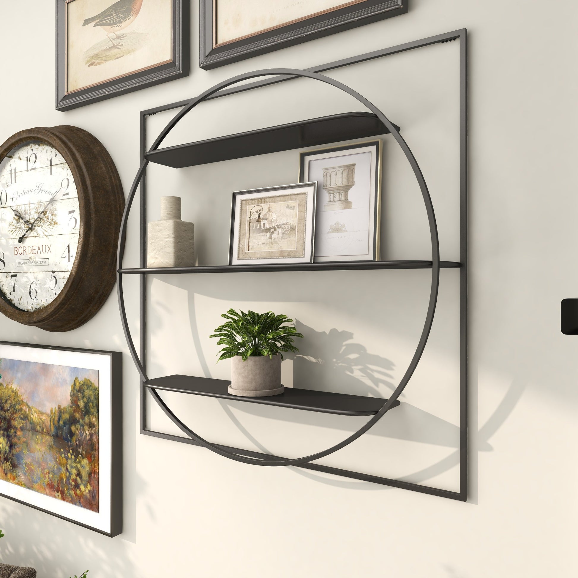 Geometric Black Metal Square 3 Shelf Room Wall Shelf with Circle Frame