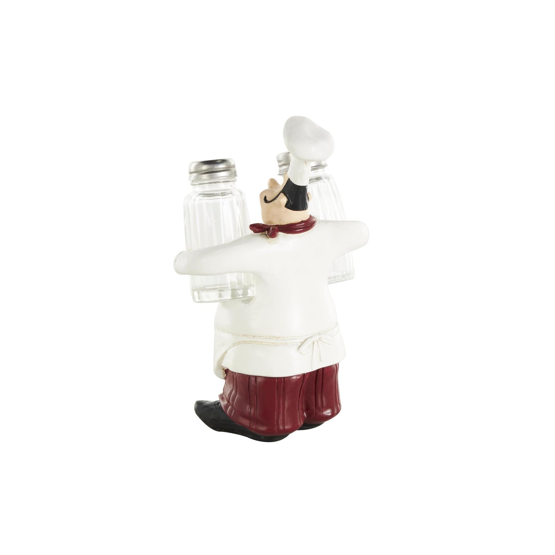 Chef White Polystone Figurine Decorative Salt and Pepper Shaker Holder with Red Accents