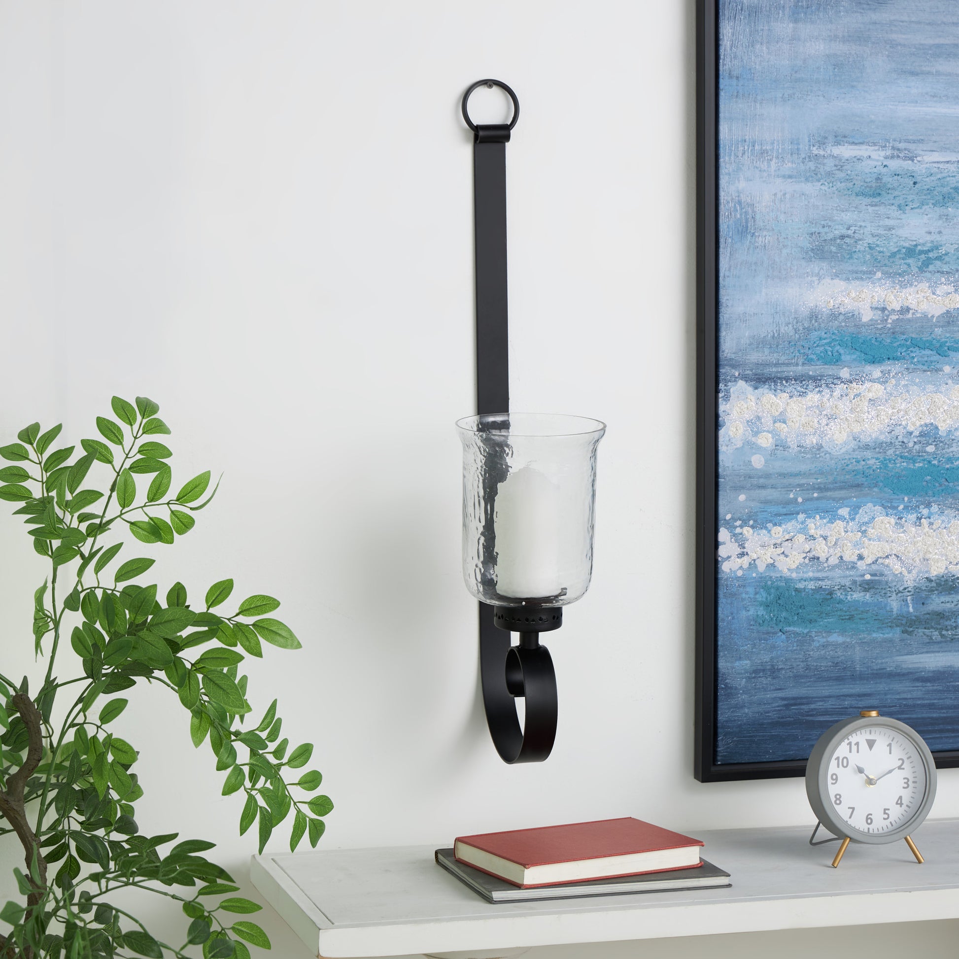 Scroll Black Metal Long Indoor Outdoor Wall Sconce with Hurricane Glass Holder