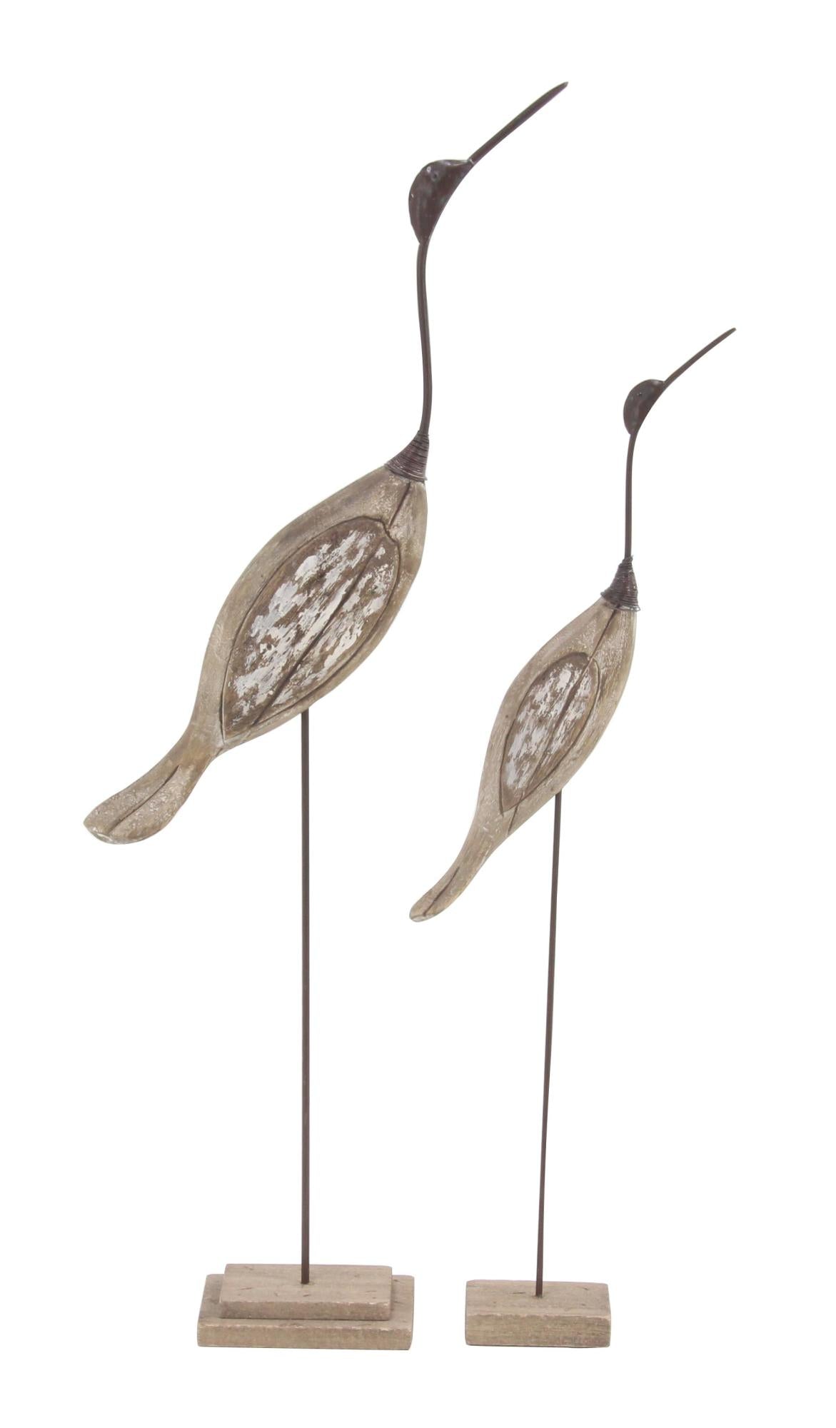 Set of 2 Bird Brown Wood Decorative Sculpture