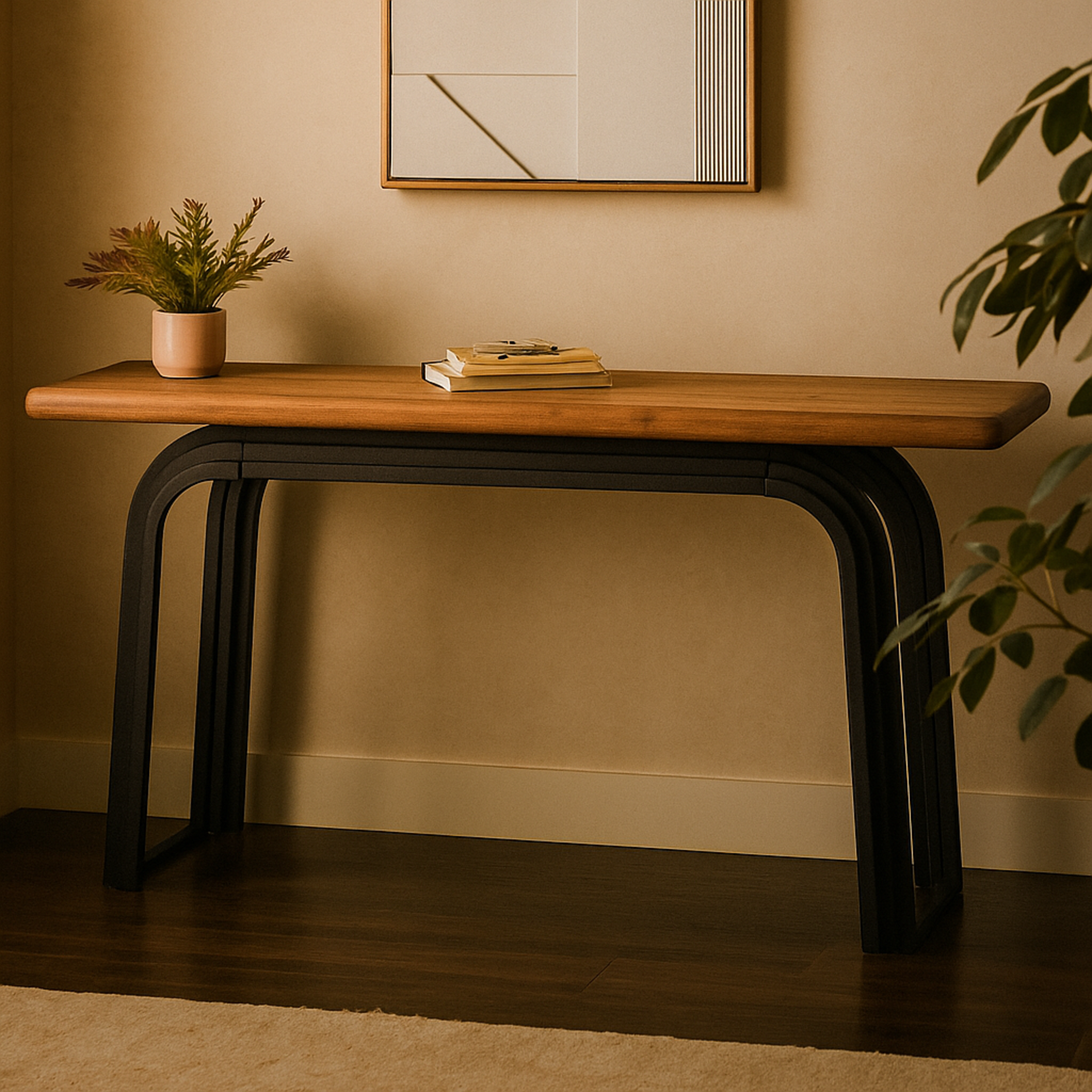 Black Metal Layered Arch Living Room Console Table with Brown Tabletop