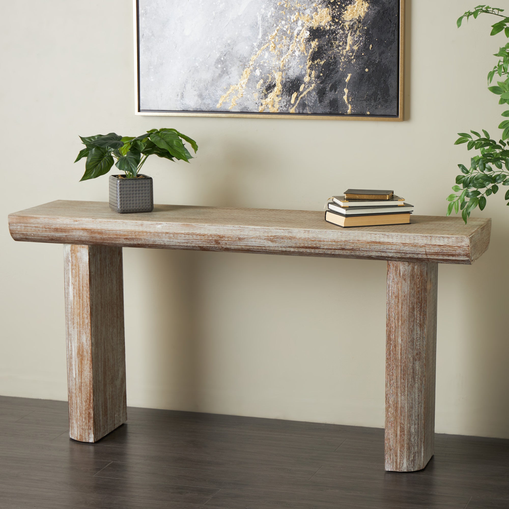 Beige Wood Living Room Console Table with Block Legs