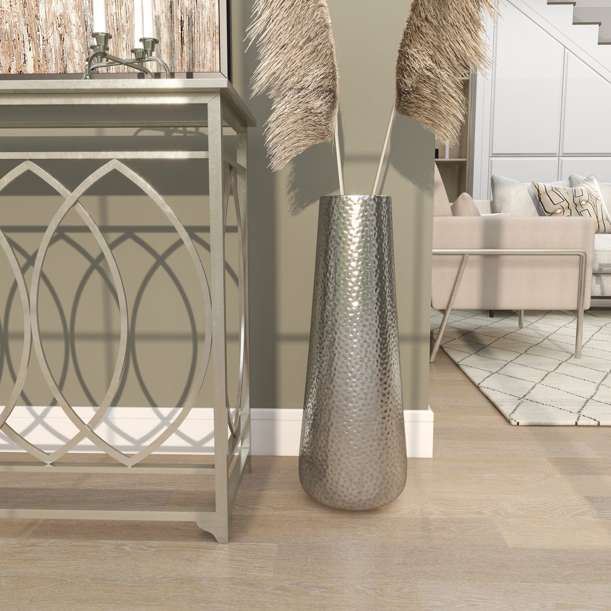 Silver Aluminum Metal Tall Hammered Decorative Vase