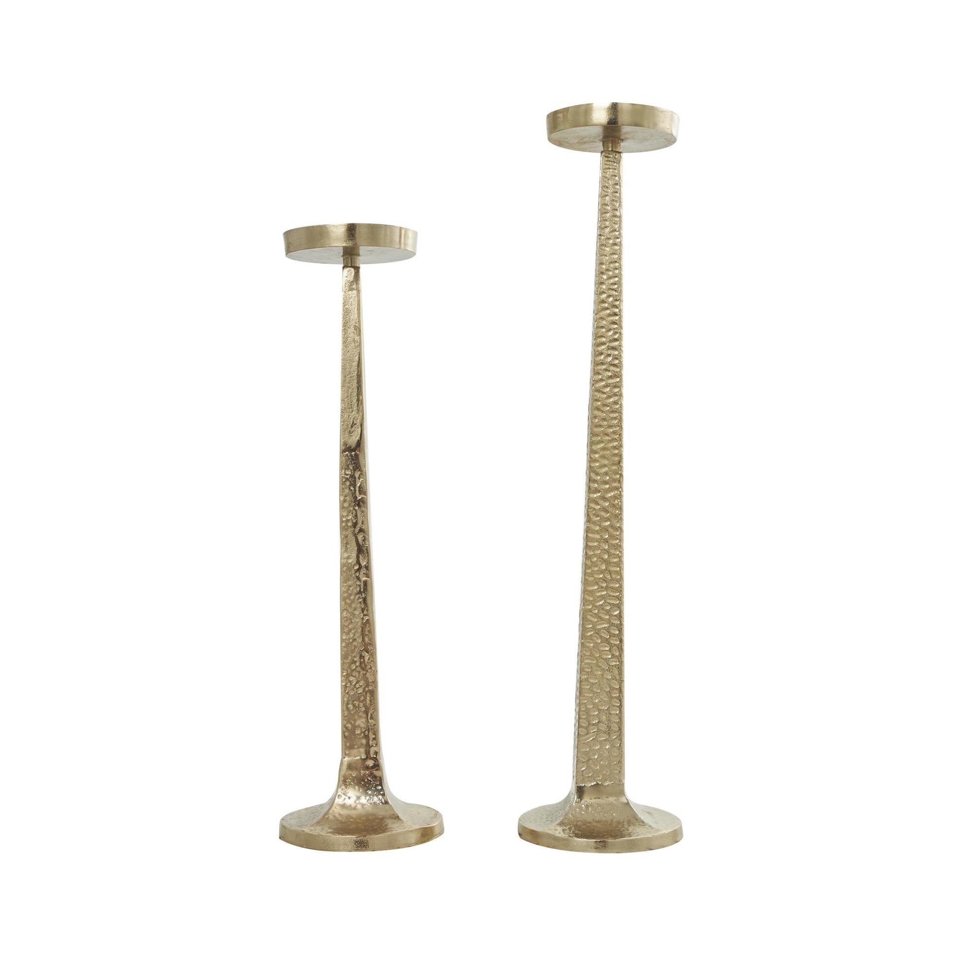 Set of 2 Gold Aluminum Metal Tall Hammered Decorative Candle Holder