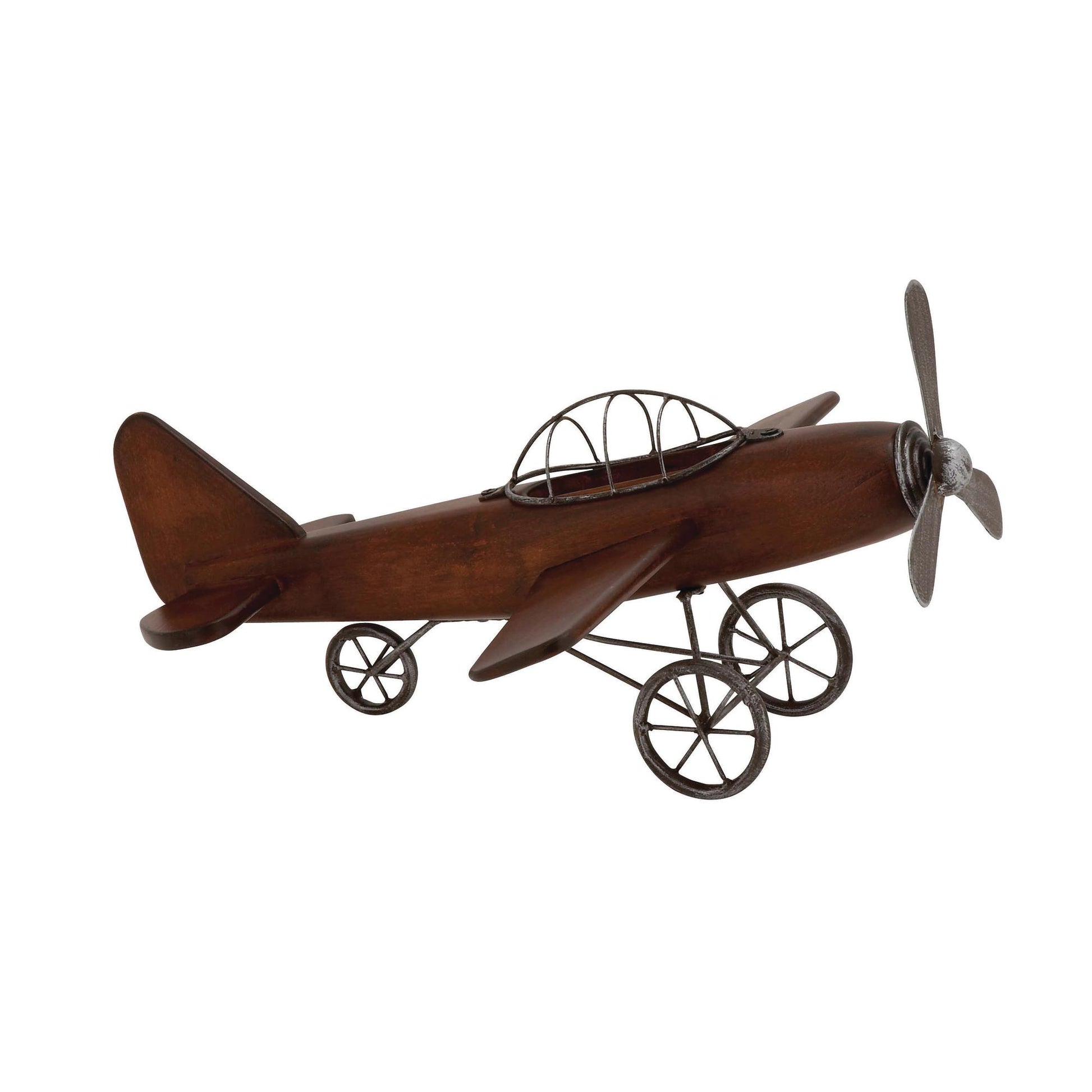 Airplane Brown Wood Decorative Sculpture with Gray Metal Accents