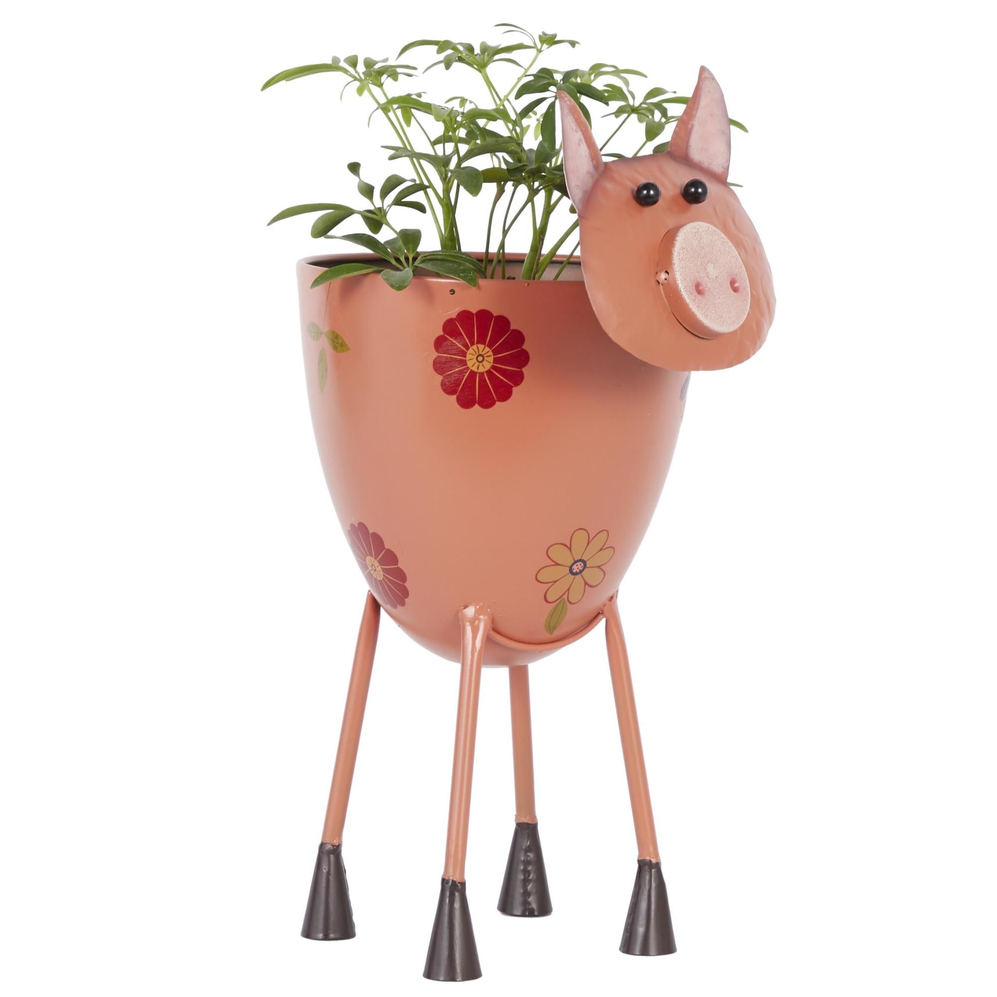 Pig Pink Metal Indoor Outdoor Planter with Floral Accents
