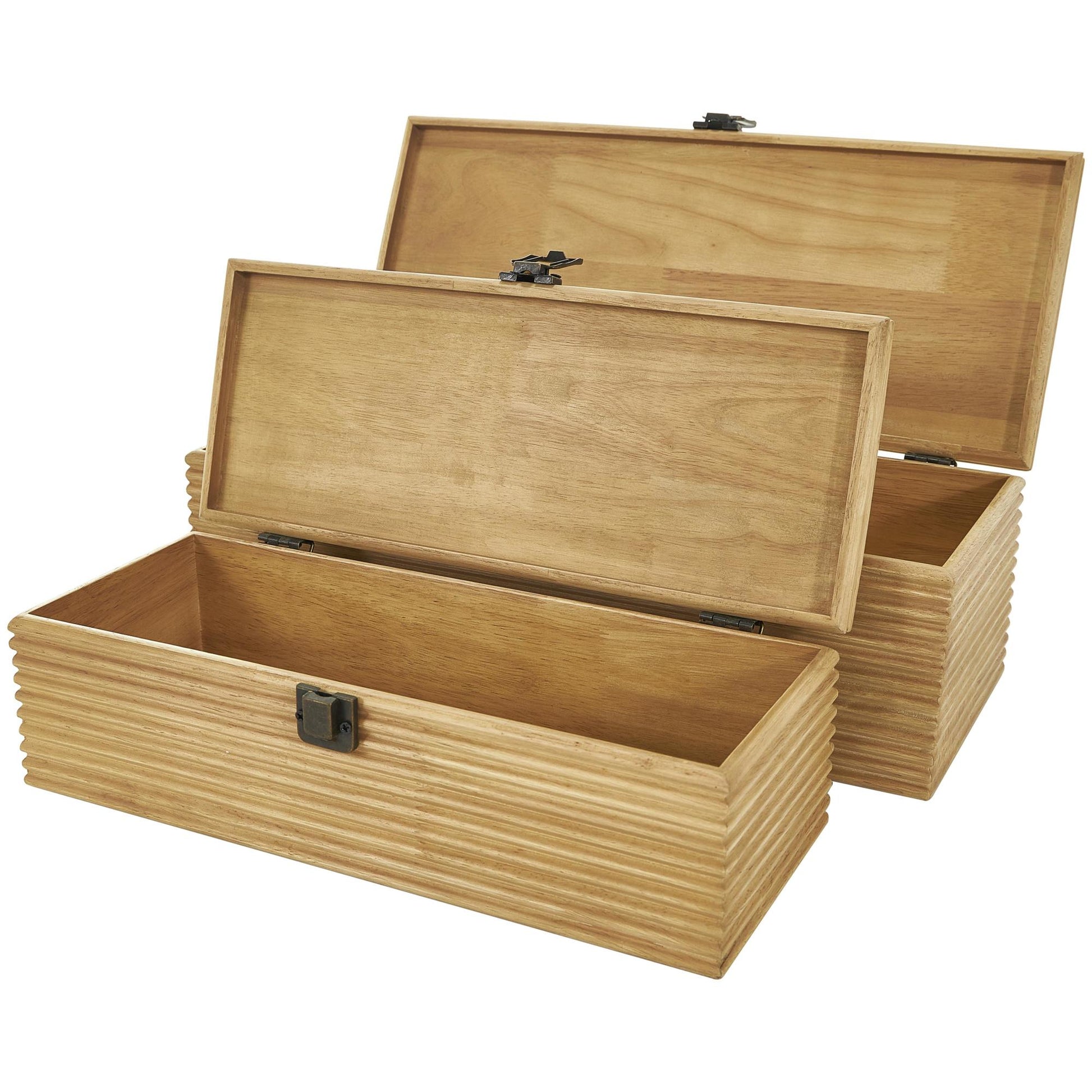 Set of 2 Light Brown Wood Carved Linear Decorative Box