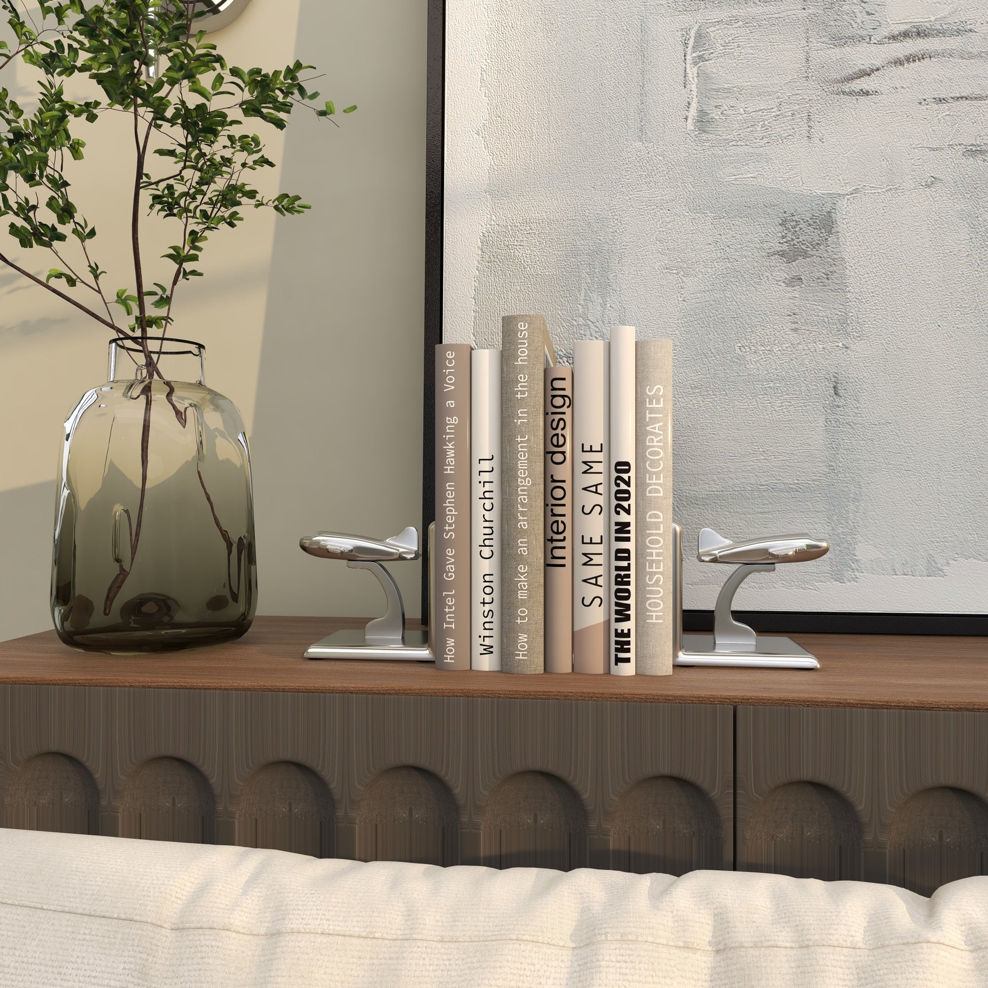 Set of 2 Airplane Silver Aluminum Metal Decorative Bookends