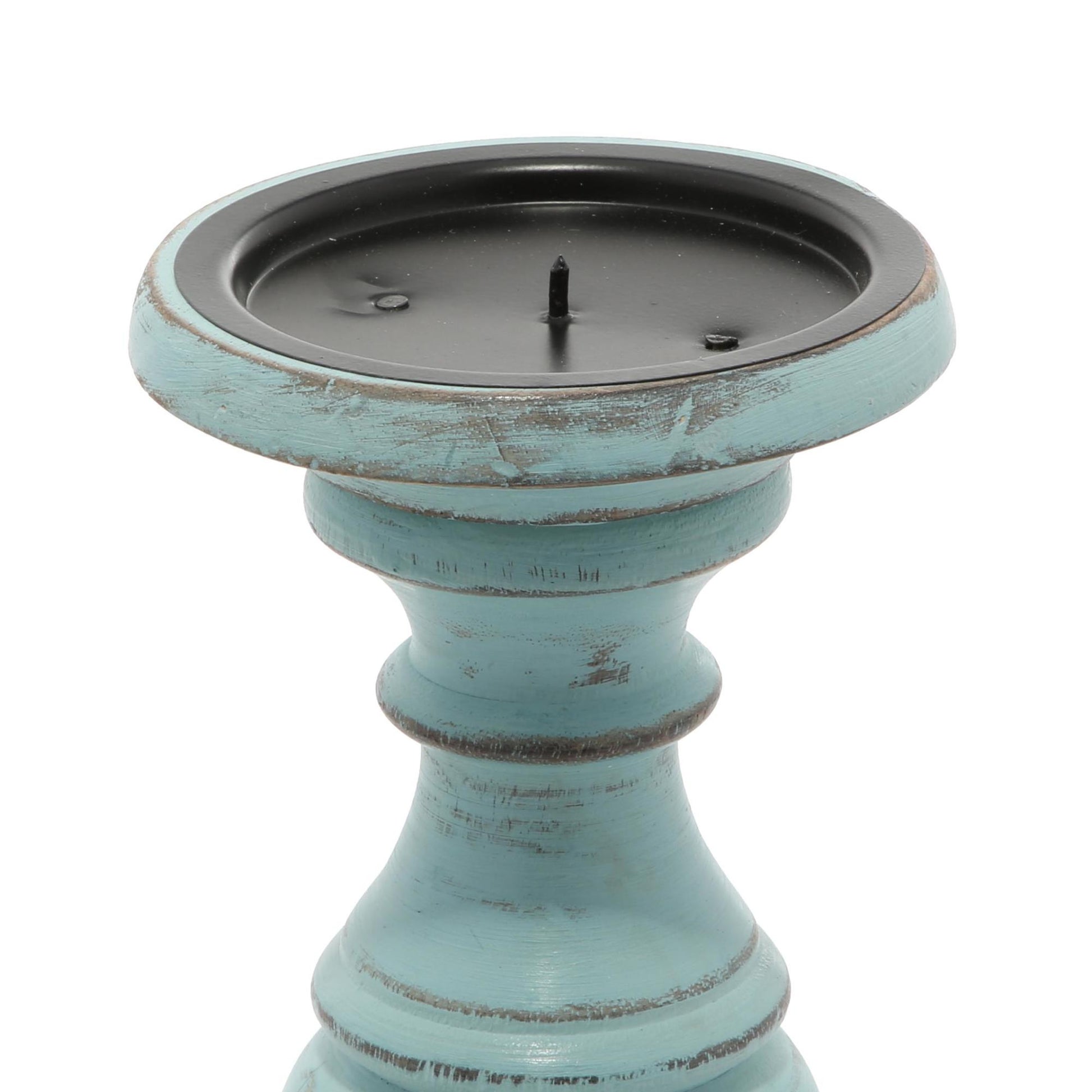Set of 3 Mango Wood Distressed Turned Pillar Decorative Candle Holder