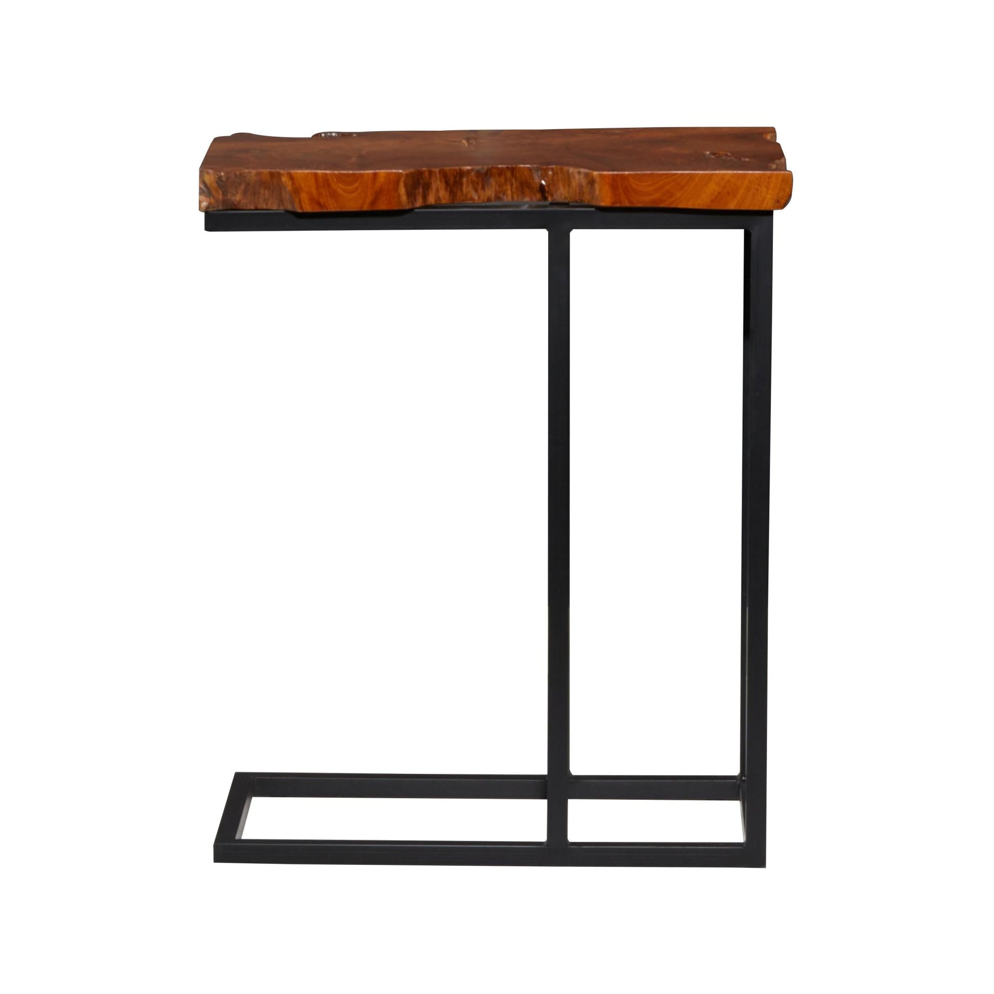 Brown Teak Wood Live Edge Top Side End Accent Table with Black Metal Base