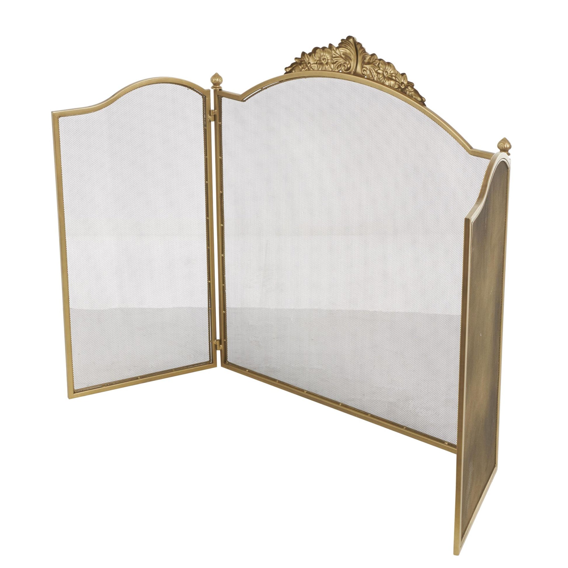 Floral Gold Metal Ornate Antique Arched 3 Panel Living Room Fireplace Screen with Finial Accents