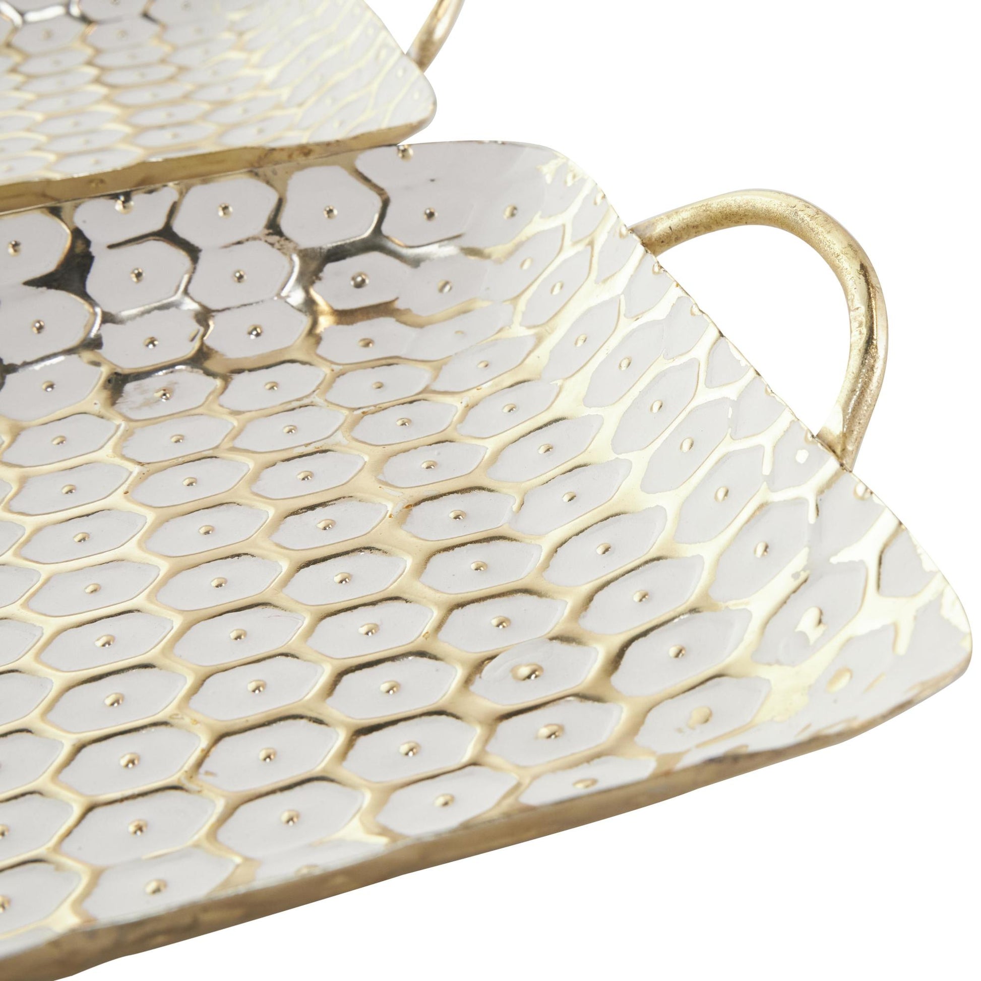 Set of 2 Geometric Gold Metal Geometric Dot Living Room Decor Tray with White Accents