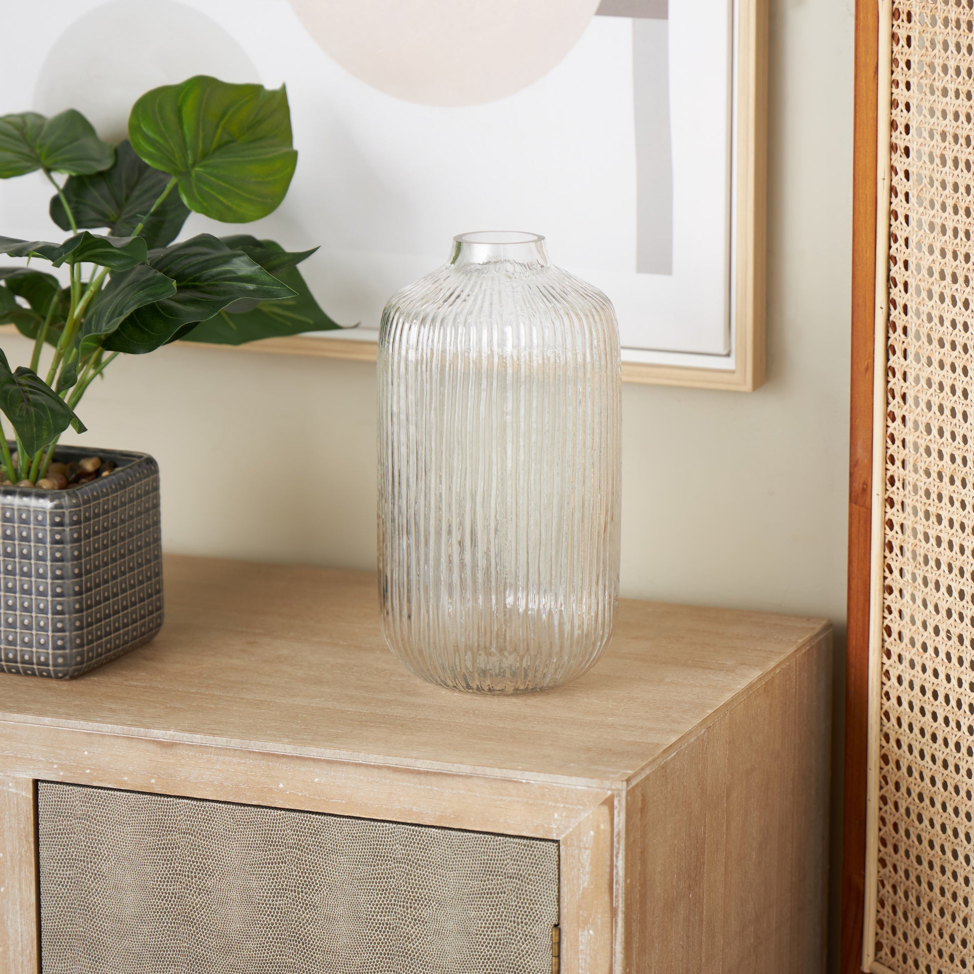 Clear Glass Ribbed Fluted Decorative Vase